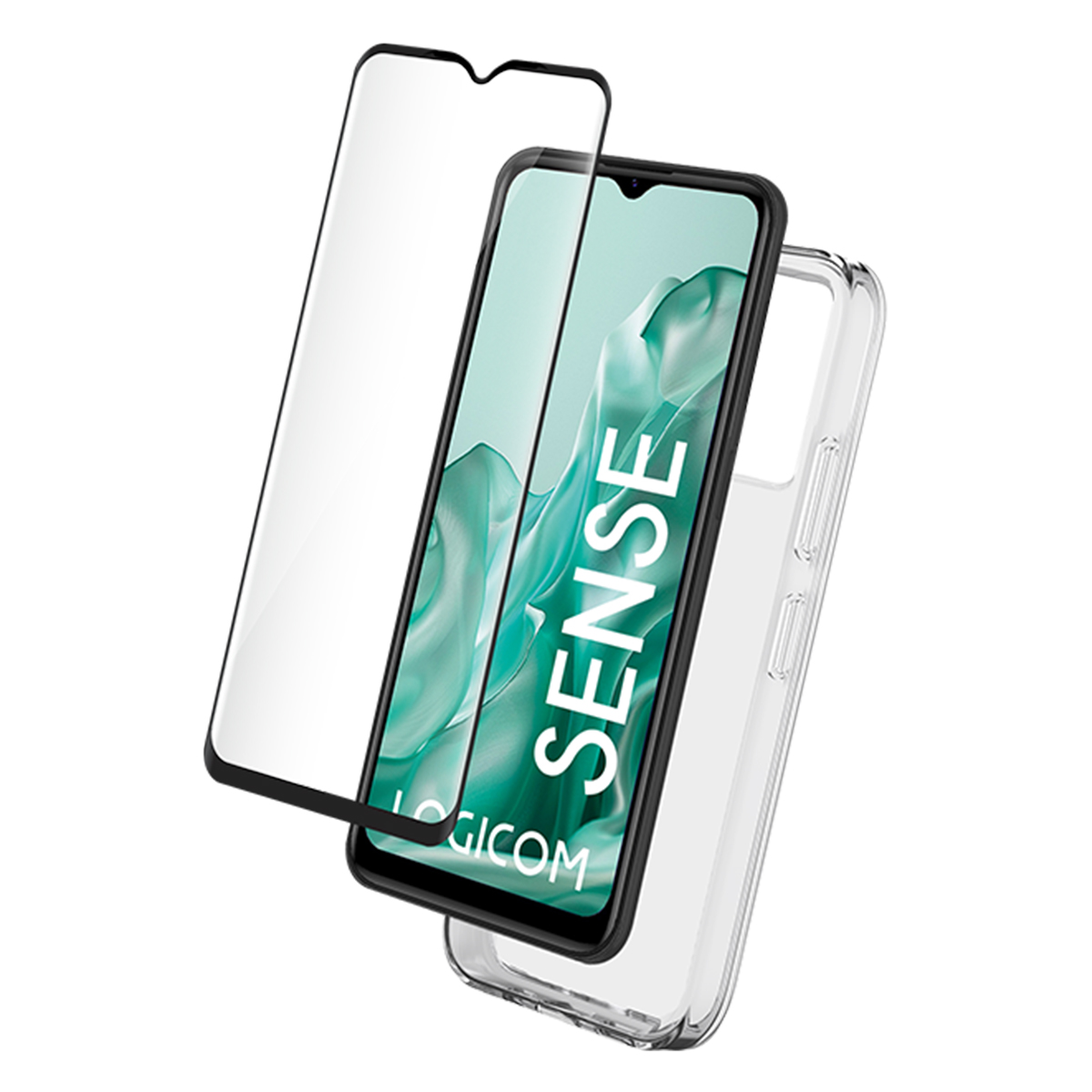 Un telefono, una protezione per lo schermo e una custodia. Il telefono mostra 'SENSE' e uno sfondo verde.