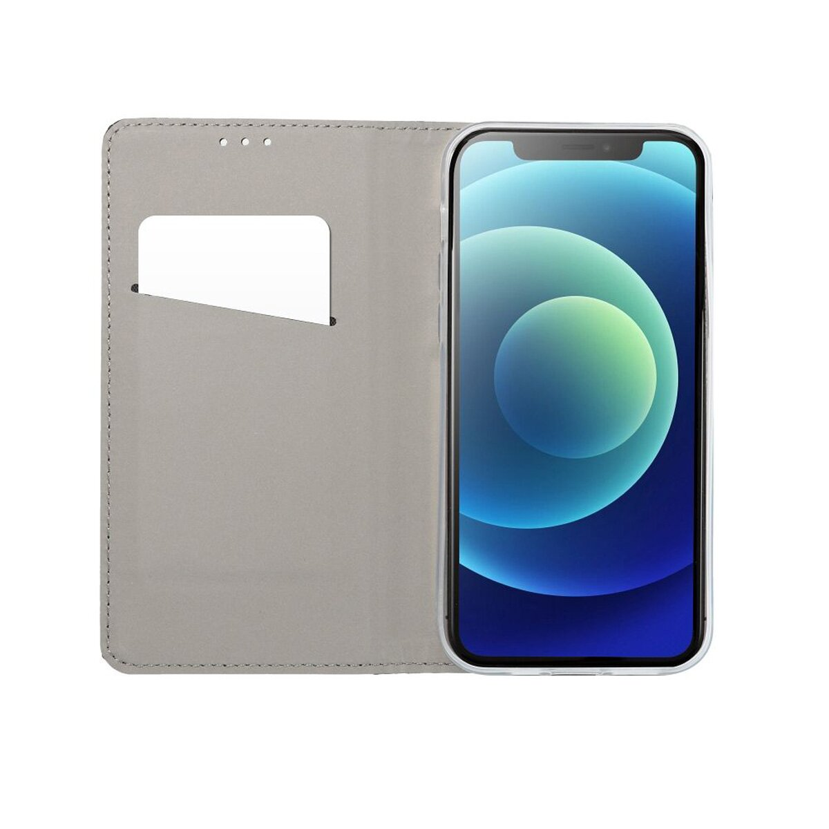 Geöffnete Handyhülle mit Smartphone. Die Hülle ist grau, das Telefon zeigt einen blauen Bildschirm.