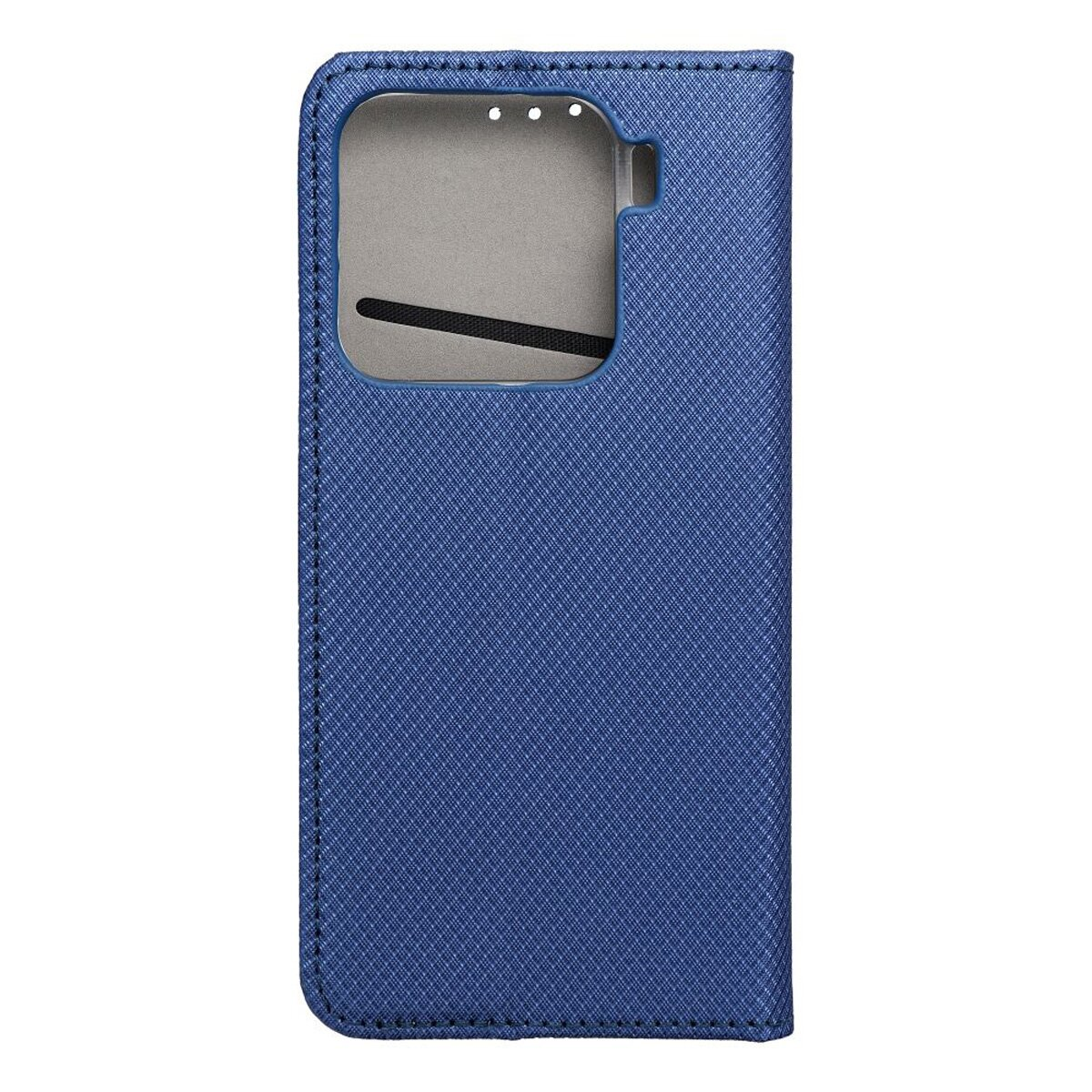 Blaue Handyhülle mit Kameraausschnitt, strukturiertem Design und dunkelgrauem Innenraum.