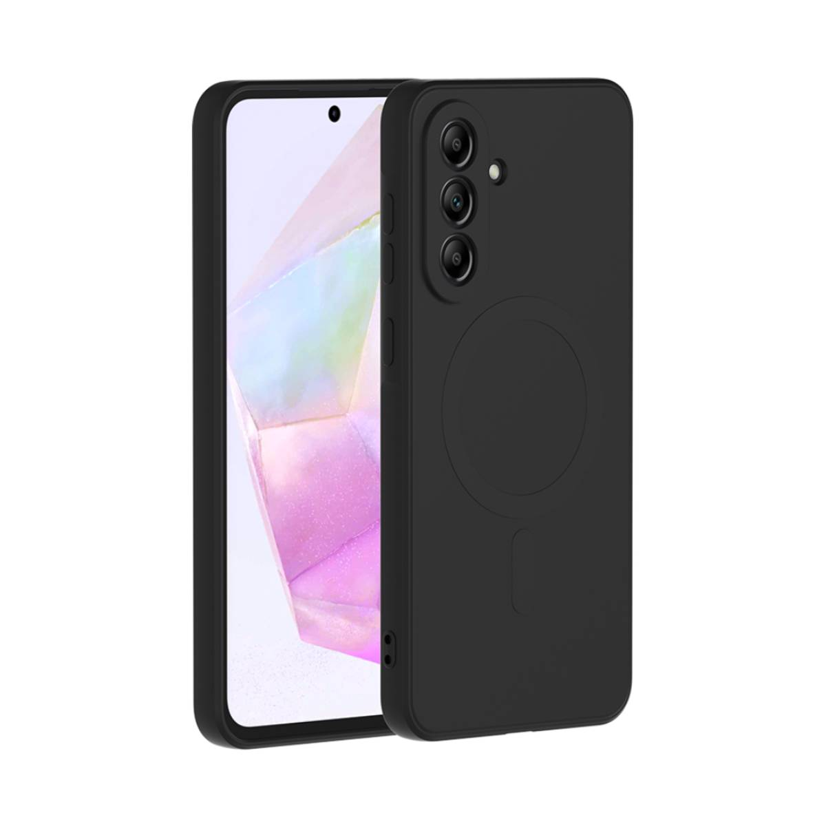 Custodia nera per telefono con telefono all'interno, con sporgenza della fotocamera e anello magnetico.