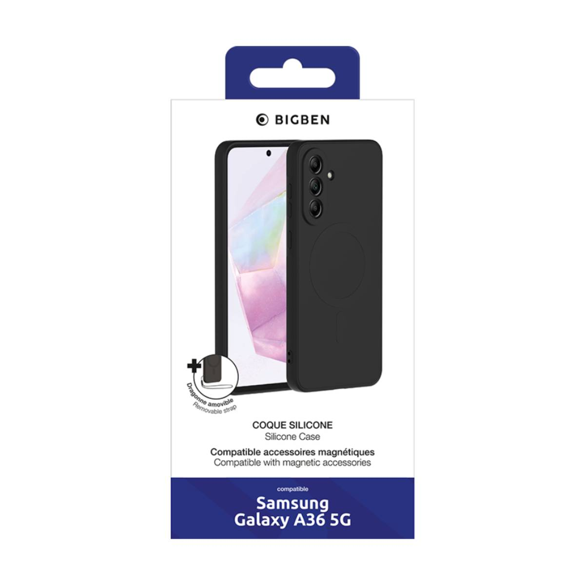 Scatola con una custodia nera per Samsung Galaxy A36 5G. Custodia visibile.