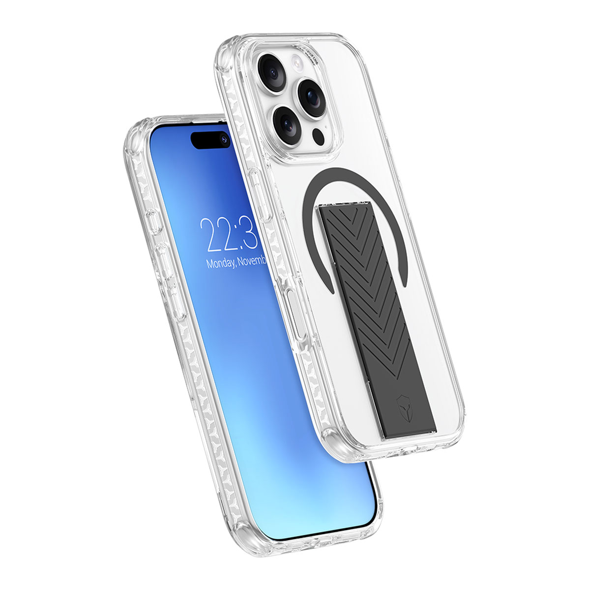 Custodia trasparente per telefono con impugnatura nera. Telefono con schermo blu. Sfondo bianco.