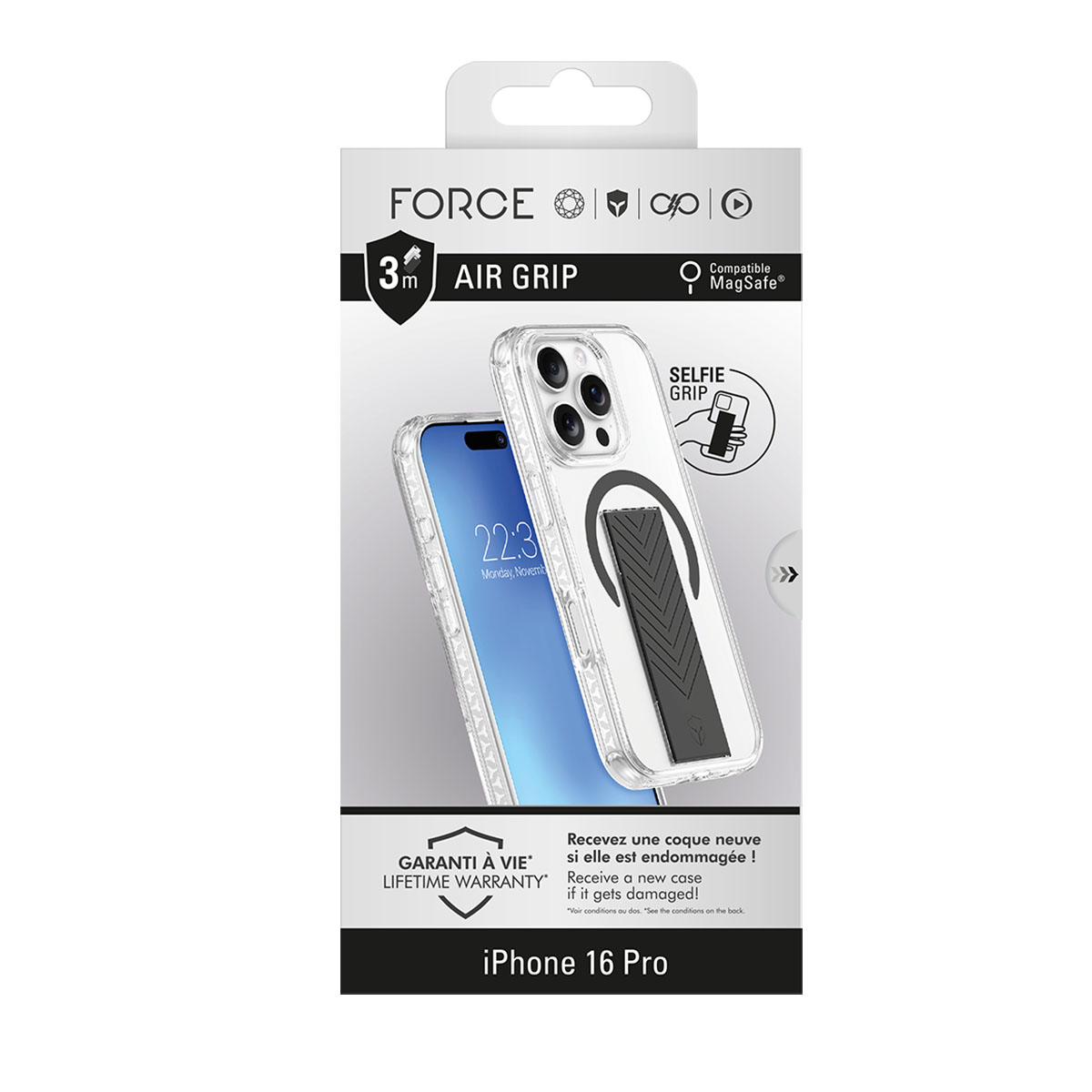 Custodia per iPhone 16 Pro con MagSafe, trasparente, con impugnatura nera. La confezione mostra telefono e custodia.
