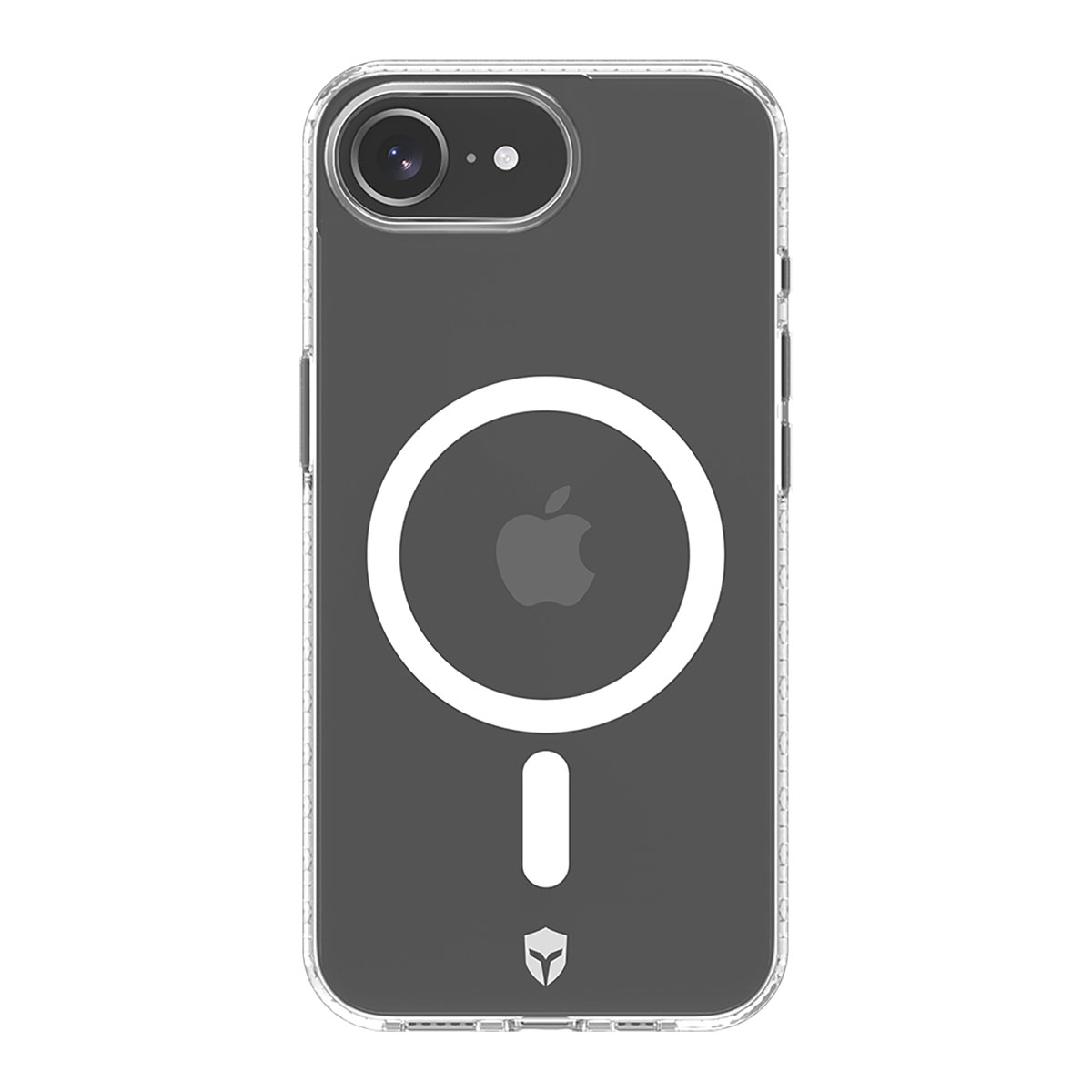 Una custodia trasparente per telefono con un cerchio bianco e il logo Apple sul retro.