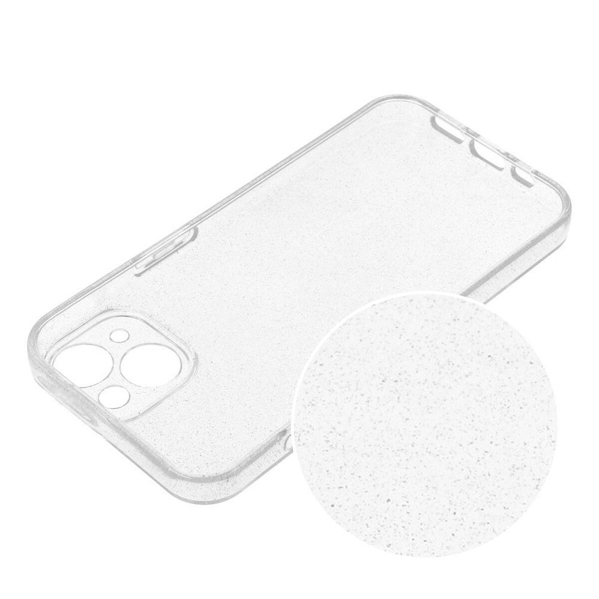 Eine transparente Handyhülle mit glitzernder Textur, mit einer Nahaufnahme der Textur.