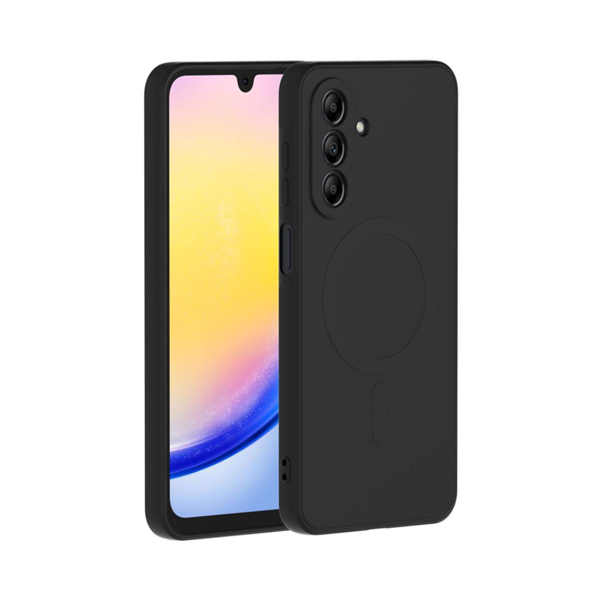 Schwarzes Telefon in einer schwarzen Hülle, mit sichtbaren Kameralinsen.