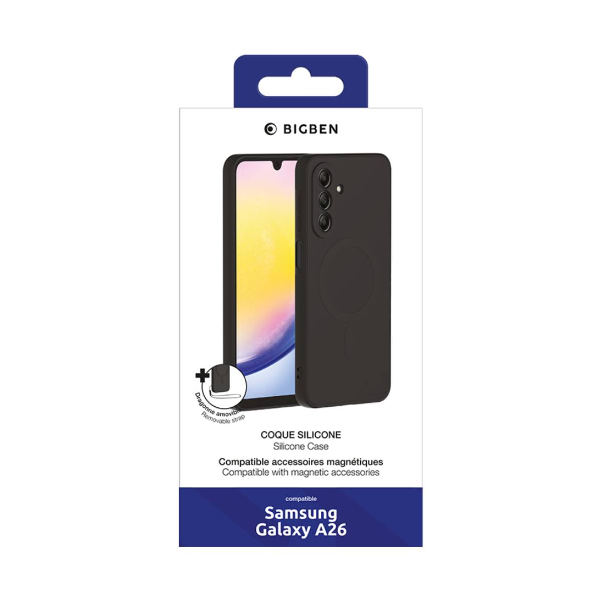 Eine Handyhüllenbox mit einer Handyhülle darin. Die Hülle ist schwarz und für ein Galaxy A26.