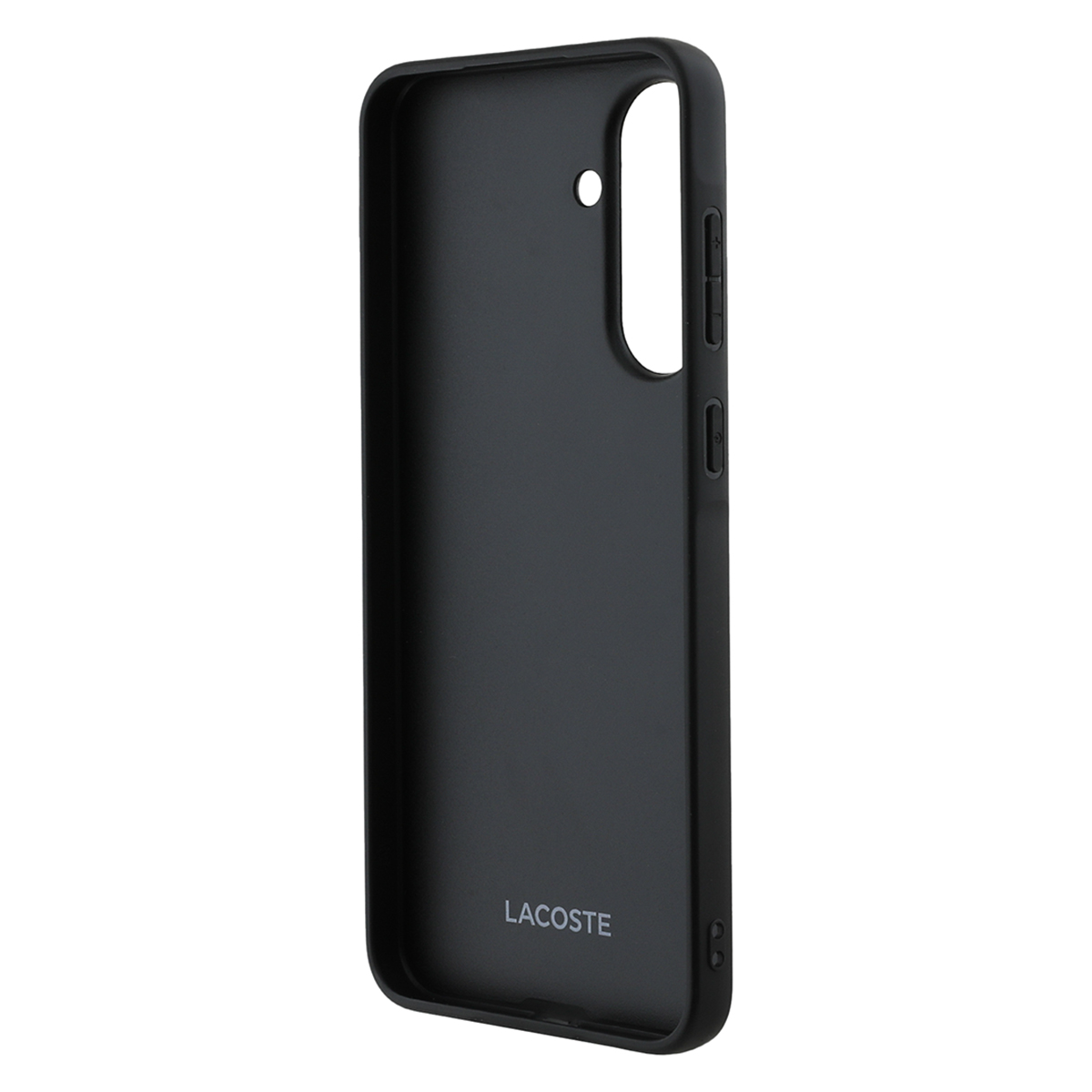 Custodia nera per telefono con logo LACOSTE stampato in basso, superficie liscia.