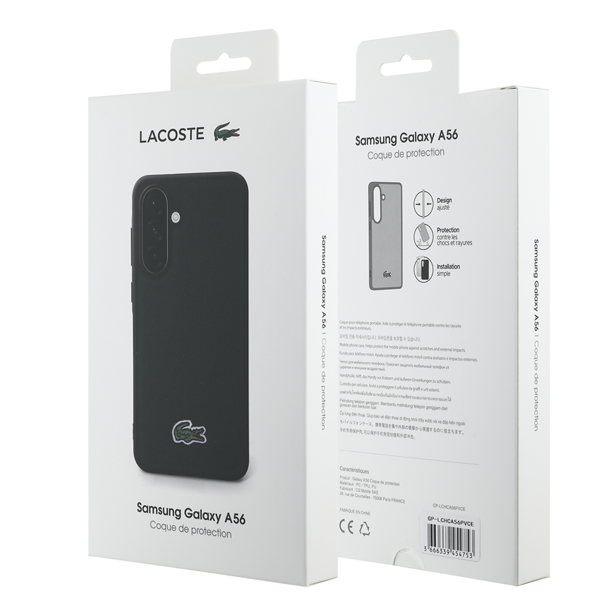 Due scatole bianche per custodie per telefoni, una con il logo Lacoste, l'altra con una grafica Samsung Galaxy A56.