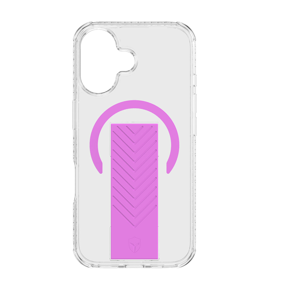 Custodia trasparente per telefono con un accento rosa. Ha un ritaglio per la fotocamera e un supporto a motivo a spina di pesce.
