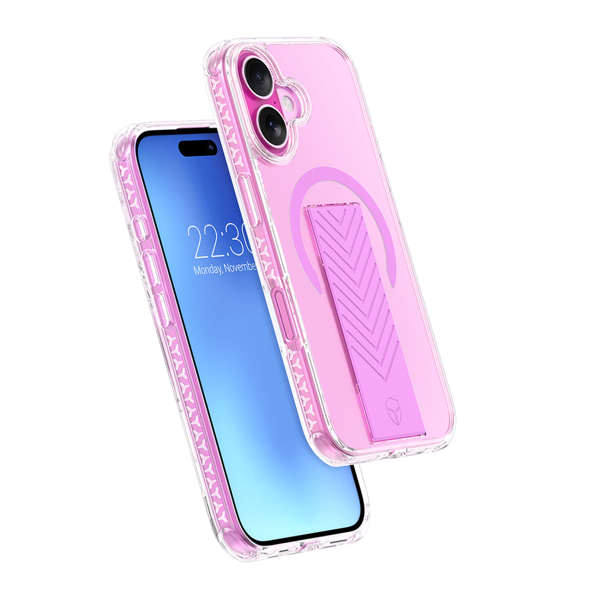 Custodia rosa per telefono con un telefono. Il telefono è nero. Sfondo bianco.