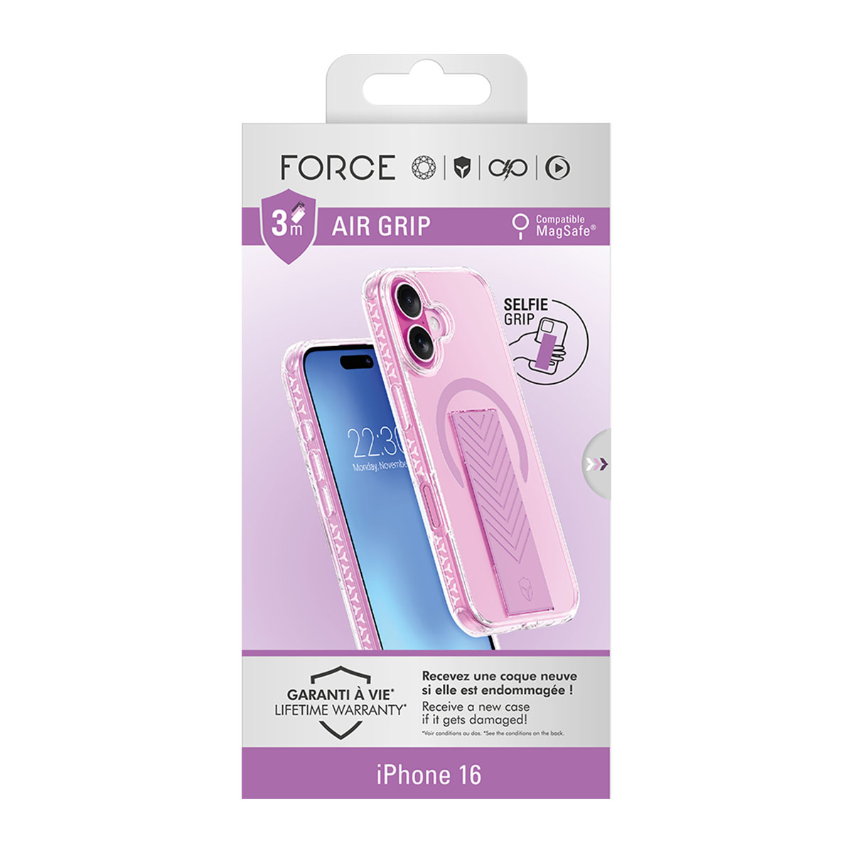 Custodia rosa con telefono, confezione mostra 'Air Grip' e 'iPhone 16'.
