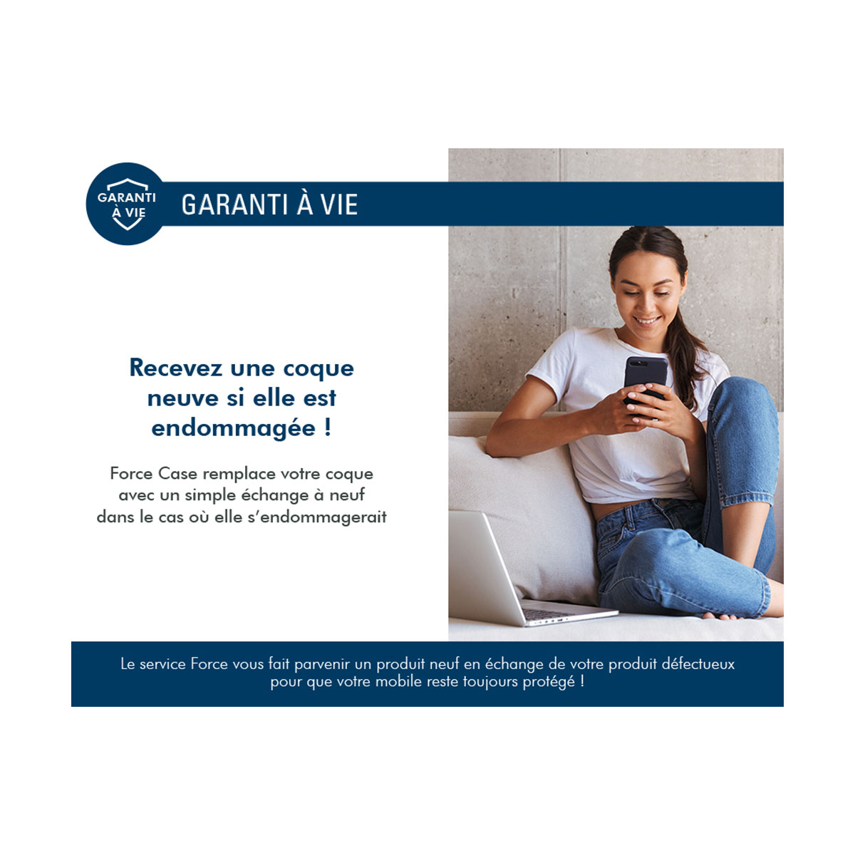 Donna che usa un telefono, con testo sulla garanzia a vita e la sostituzione della custodia in caso di danni.
