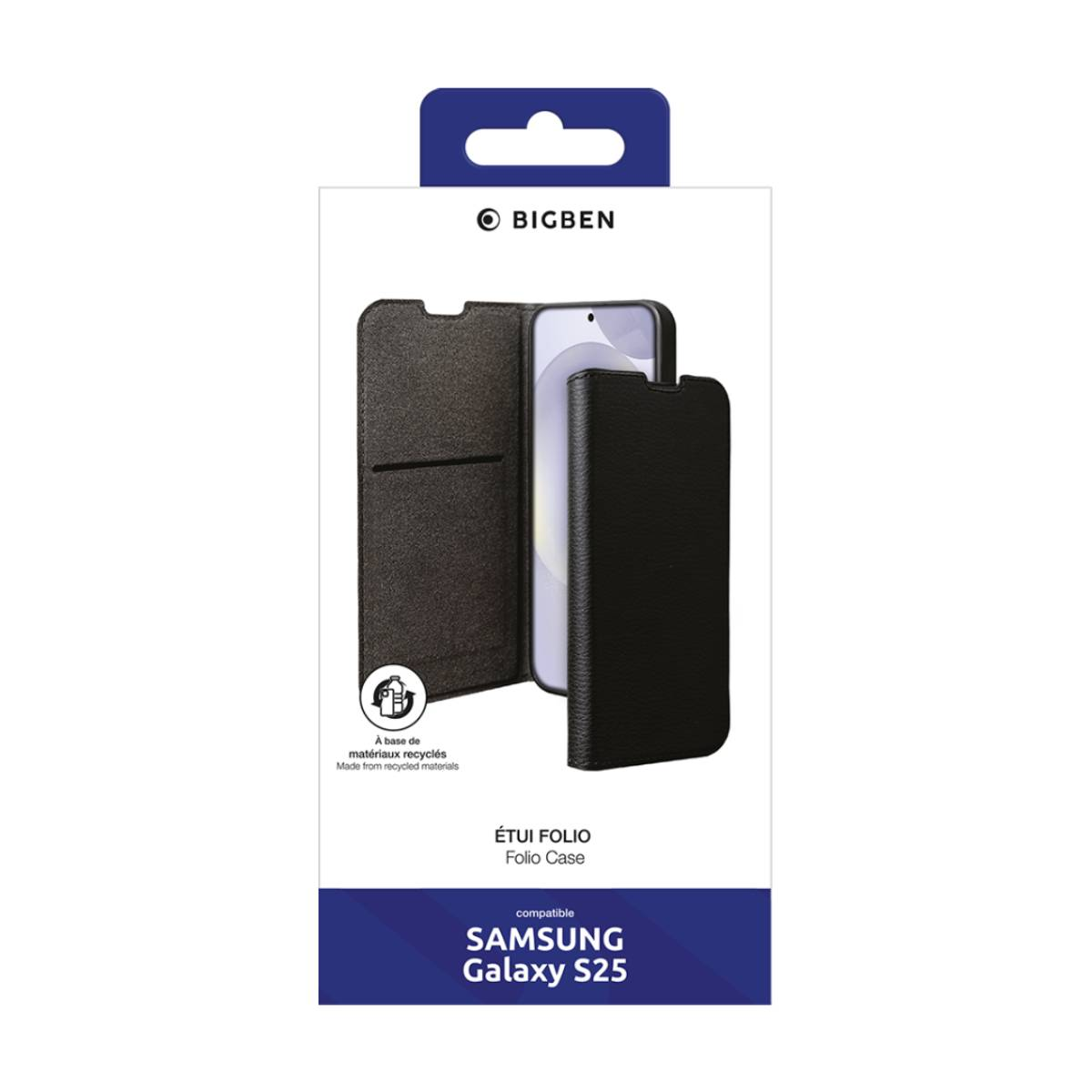 Custodia per telefono nera in una scatola, compatibile con Galaxy S25.