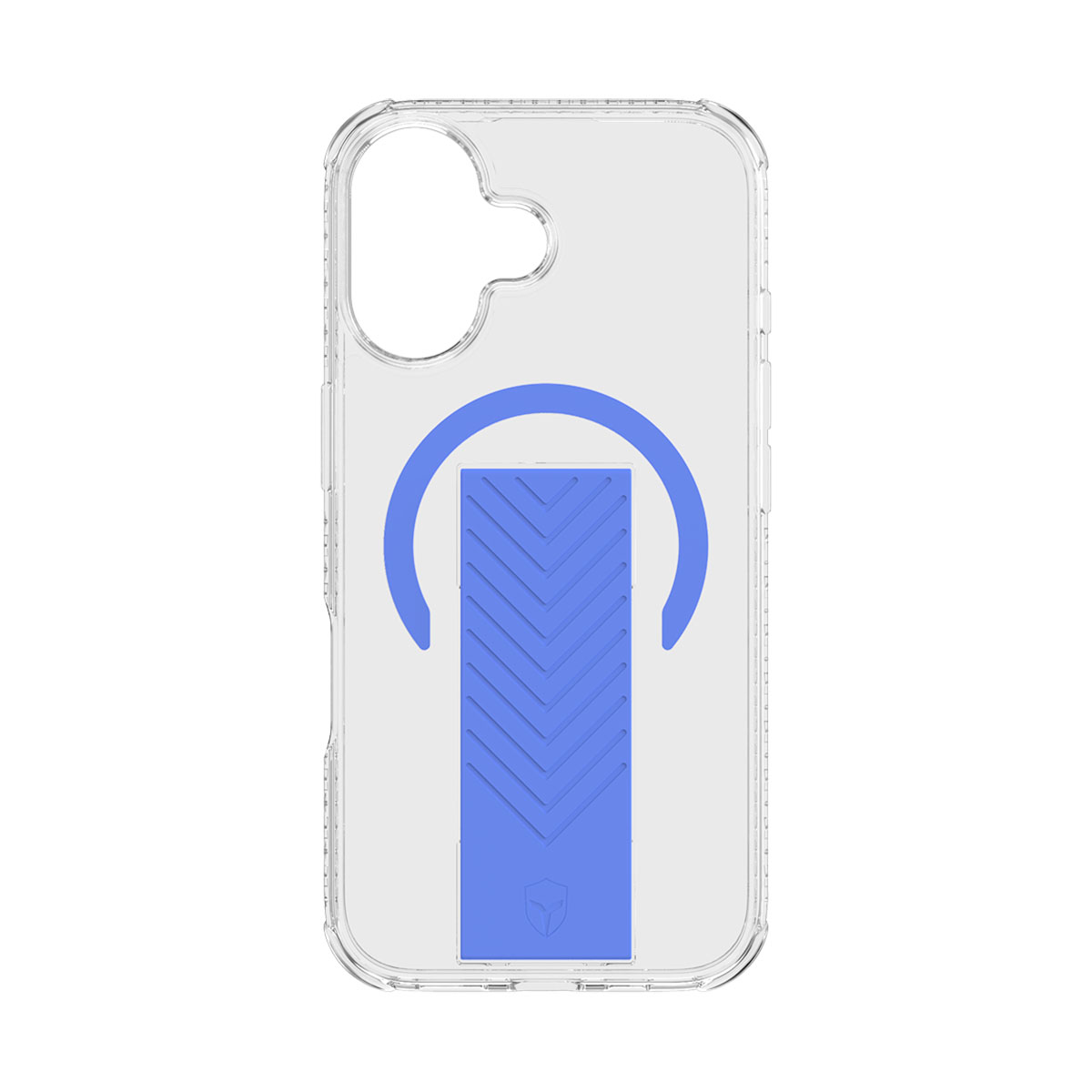 Custodia trasparente per telefono con impugnatura blu. Dotata di anello magnetico.