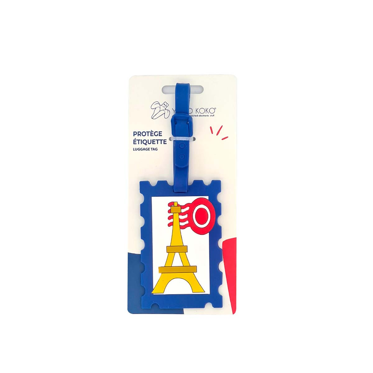 Un'etichetta bagaglio blu con immagine della Torre Eiffel gialla su sfondo bianco.