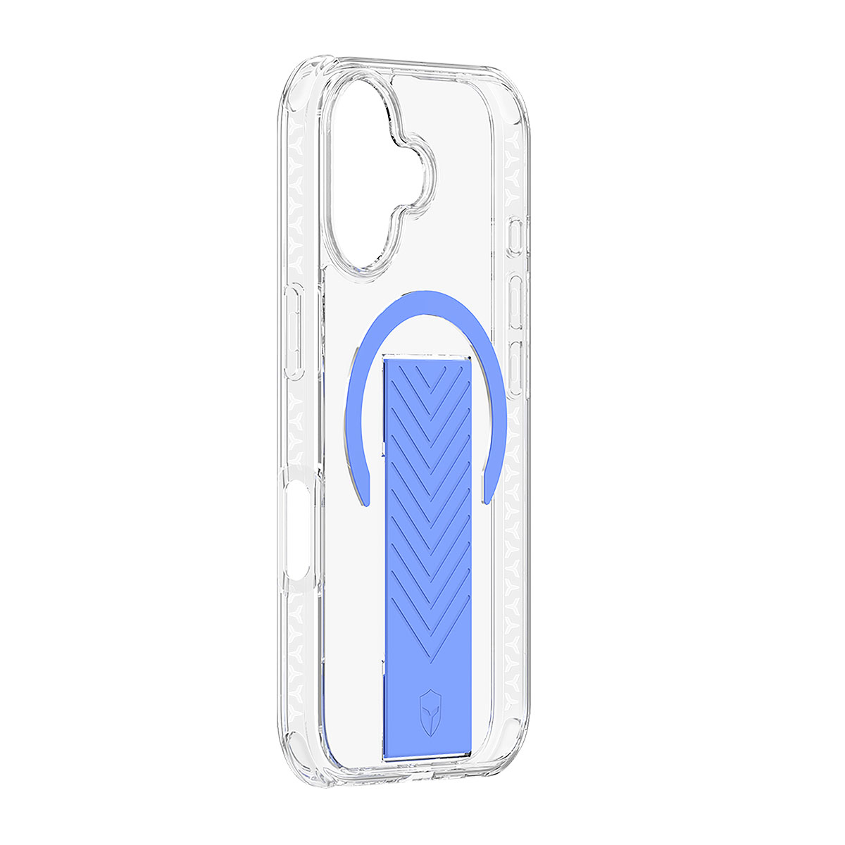 Custodia trasparente per telefono con impugnatura blu. La custodia ha un design curvo, su sfondo bianco. L'impugnatura è a spina di pesce.