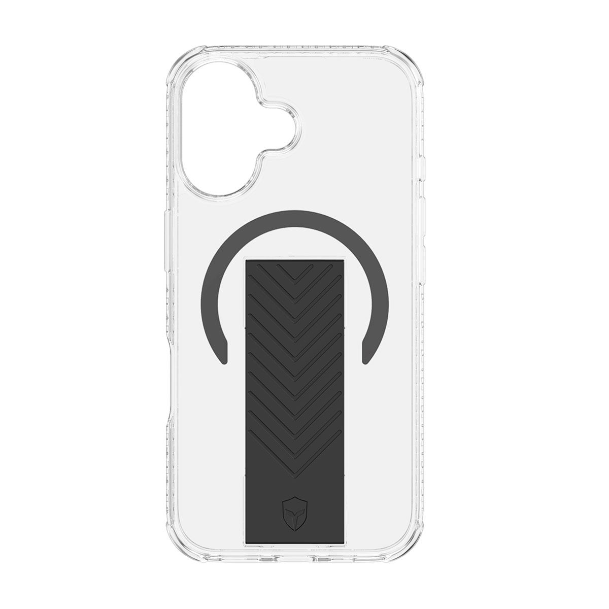 Custodia trasparente per telefono con supporto nero e design a zig-zag nero. Sfondo bianco.