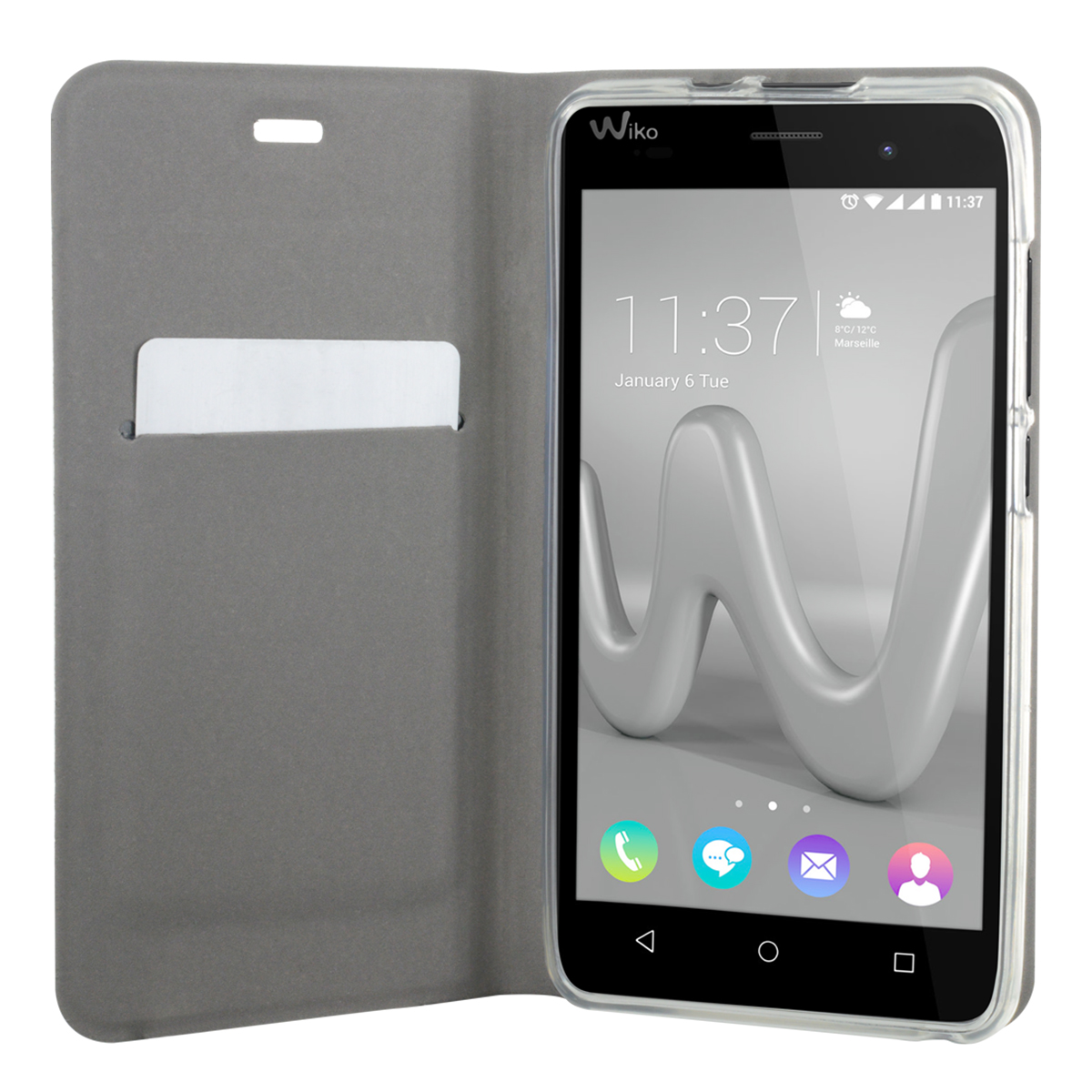 Telefono Wiko in una custodia a libro grigia. Il telefono mostra l'ora 11:37. C'è uno slot per schede bianco.