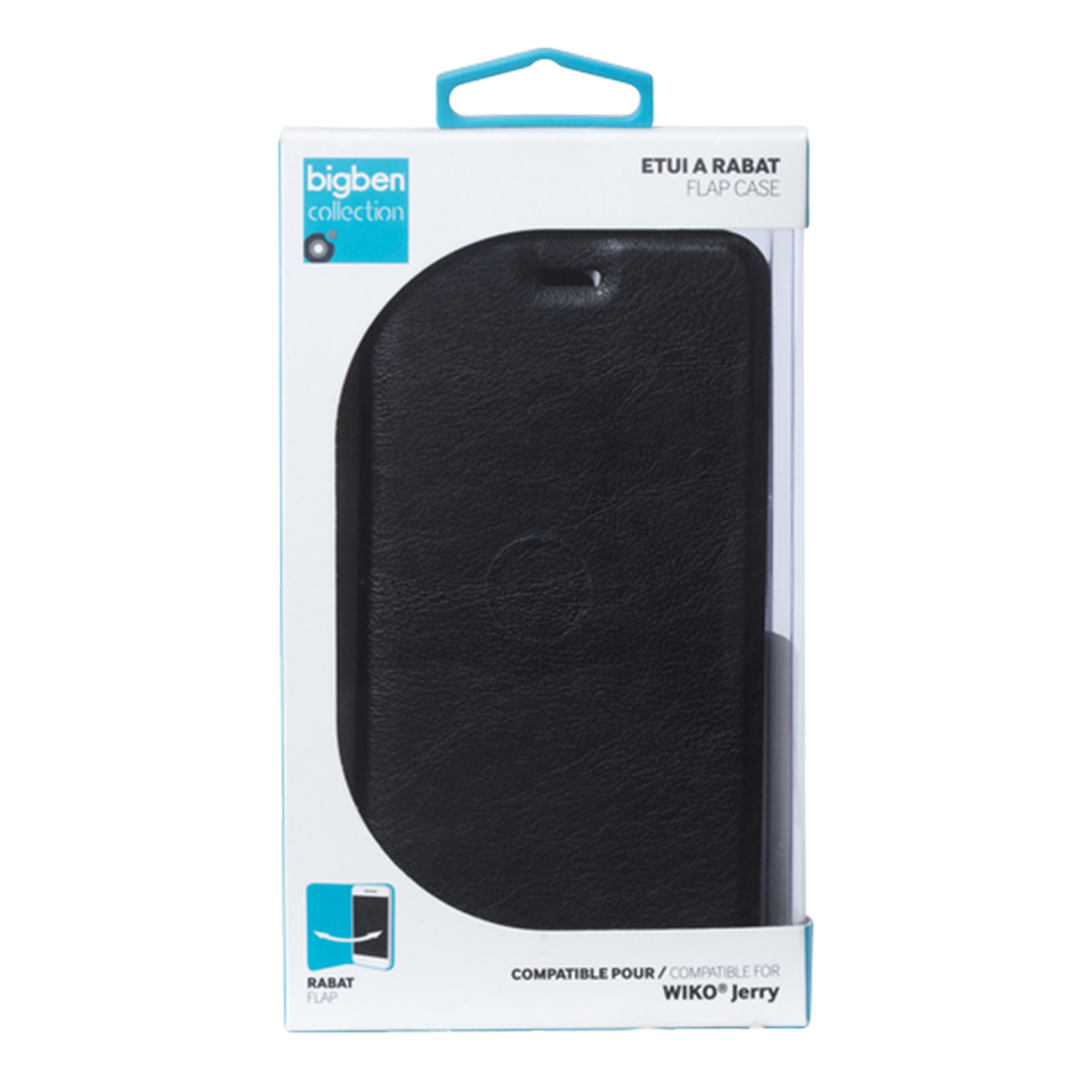 Custodia nera per telefono in una scatola bianca, etichettata 'bigben collection' e 'flap case'.