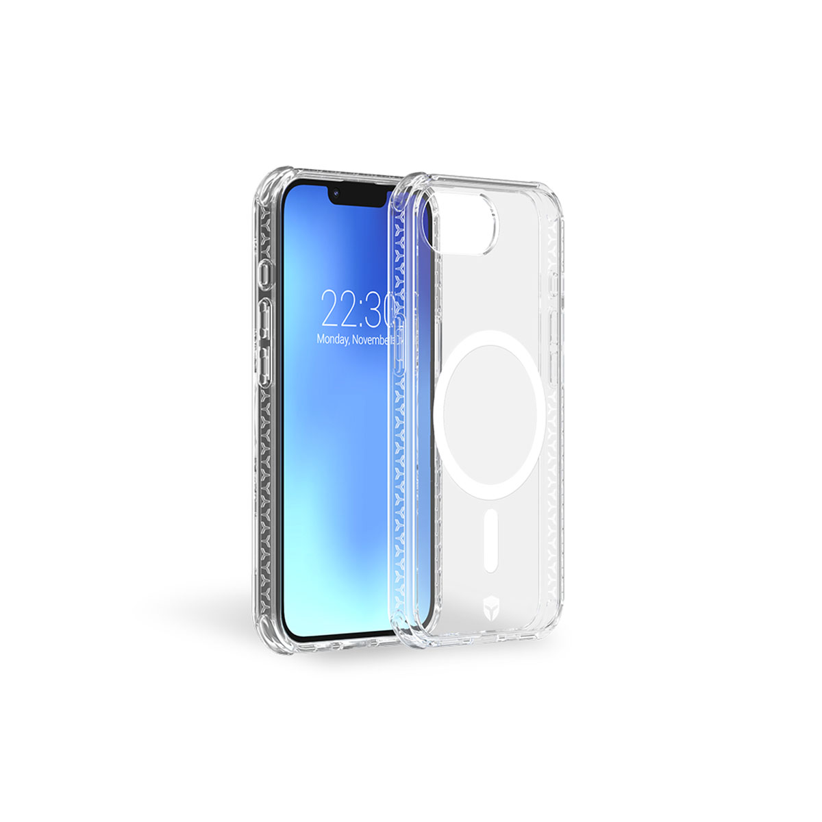 Transparente Handyhülle auf weißem Hintergrund mit Telefon, das Zeit und Datum anzeigt.