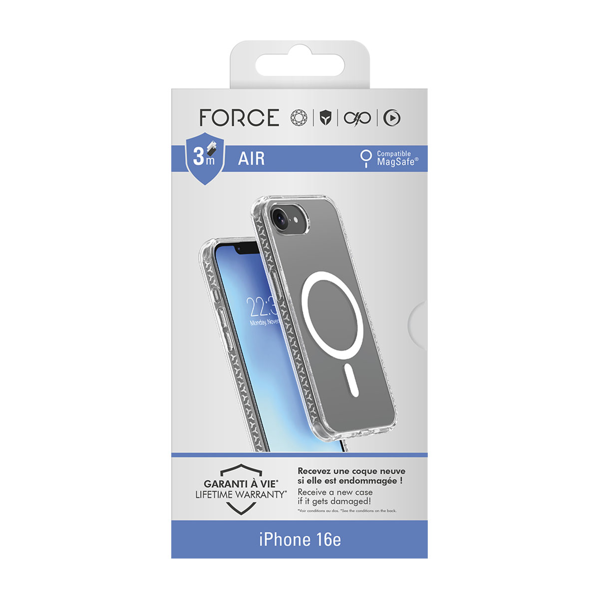 Handyhüllen-Verpackung. Transparente Hülle mit Handy. Text: 'Lifetime Warranty' und 'iPhone 16e'.