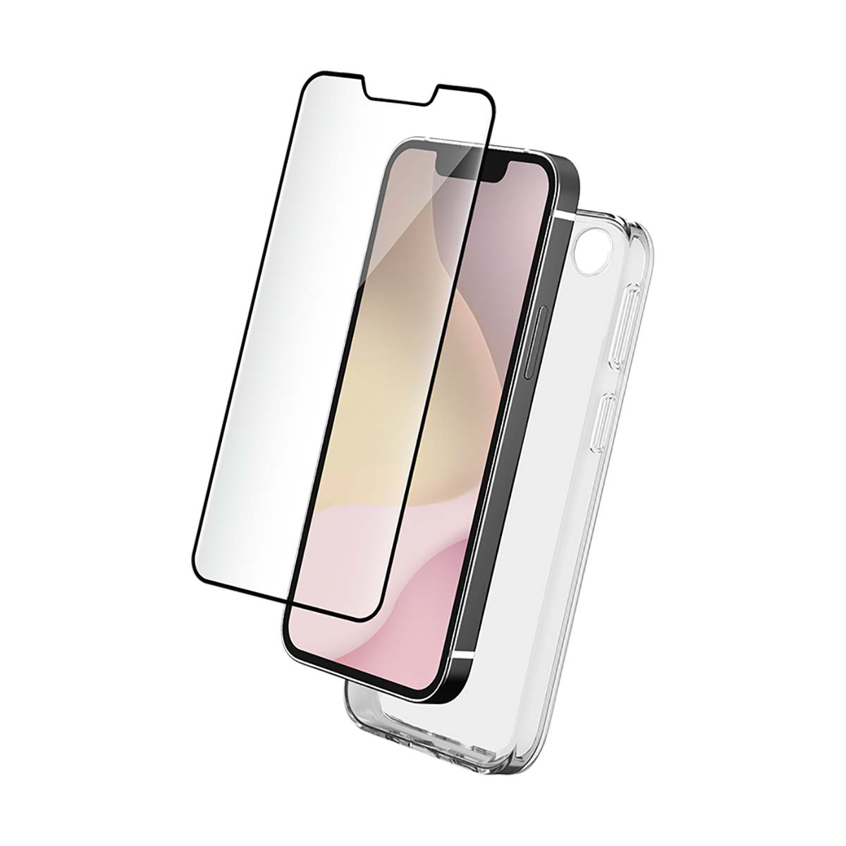 Pellicola protettiva per cellulare, telefono con protezione applicata e custodia trasparente.