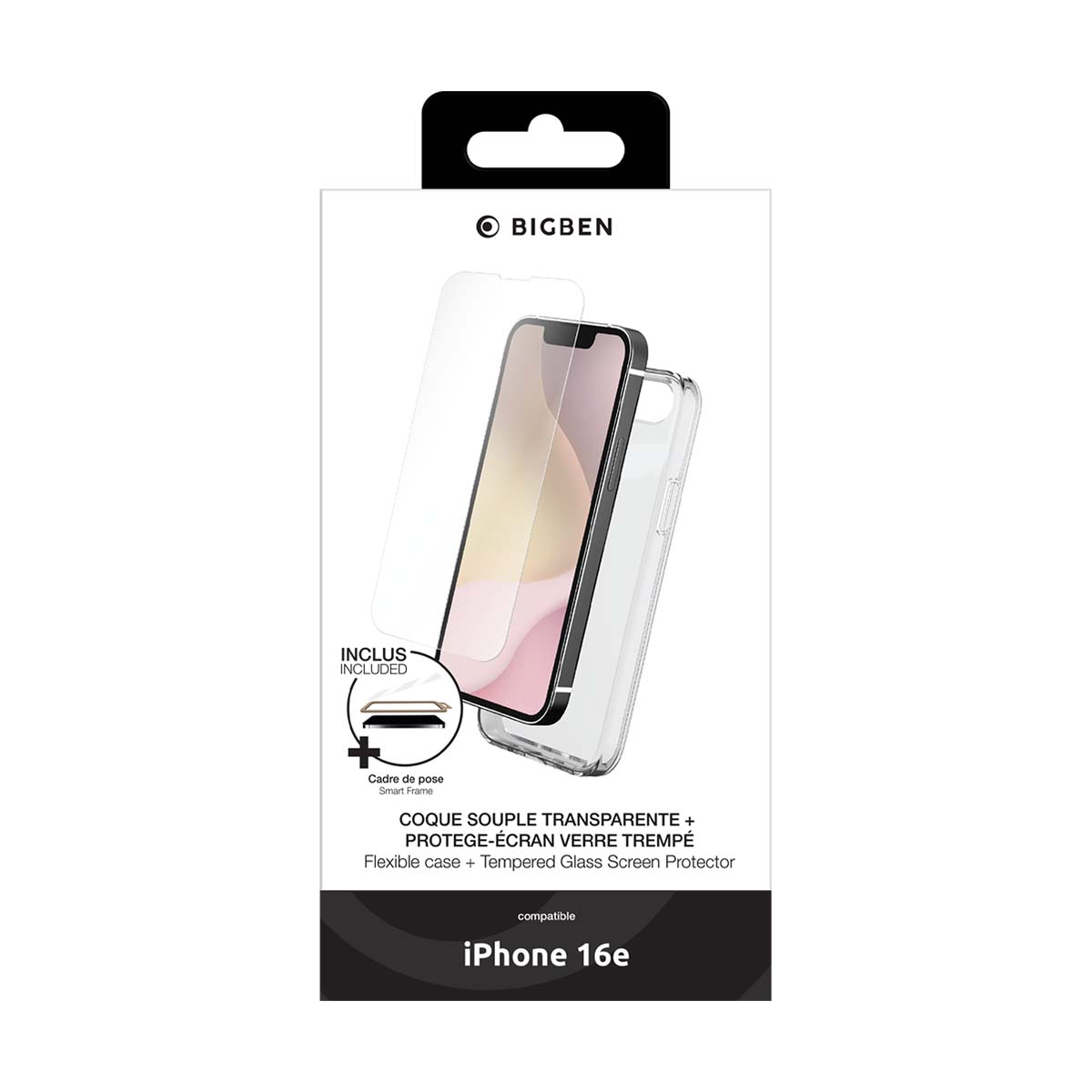 Pellicola protettiva e custodia per iPhone 16e in una scatola. Testo: custodia flessibile + vetro temperato.