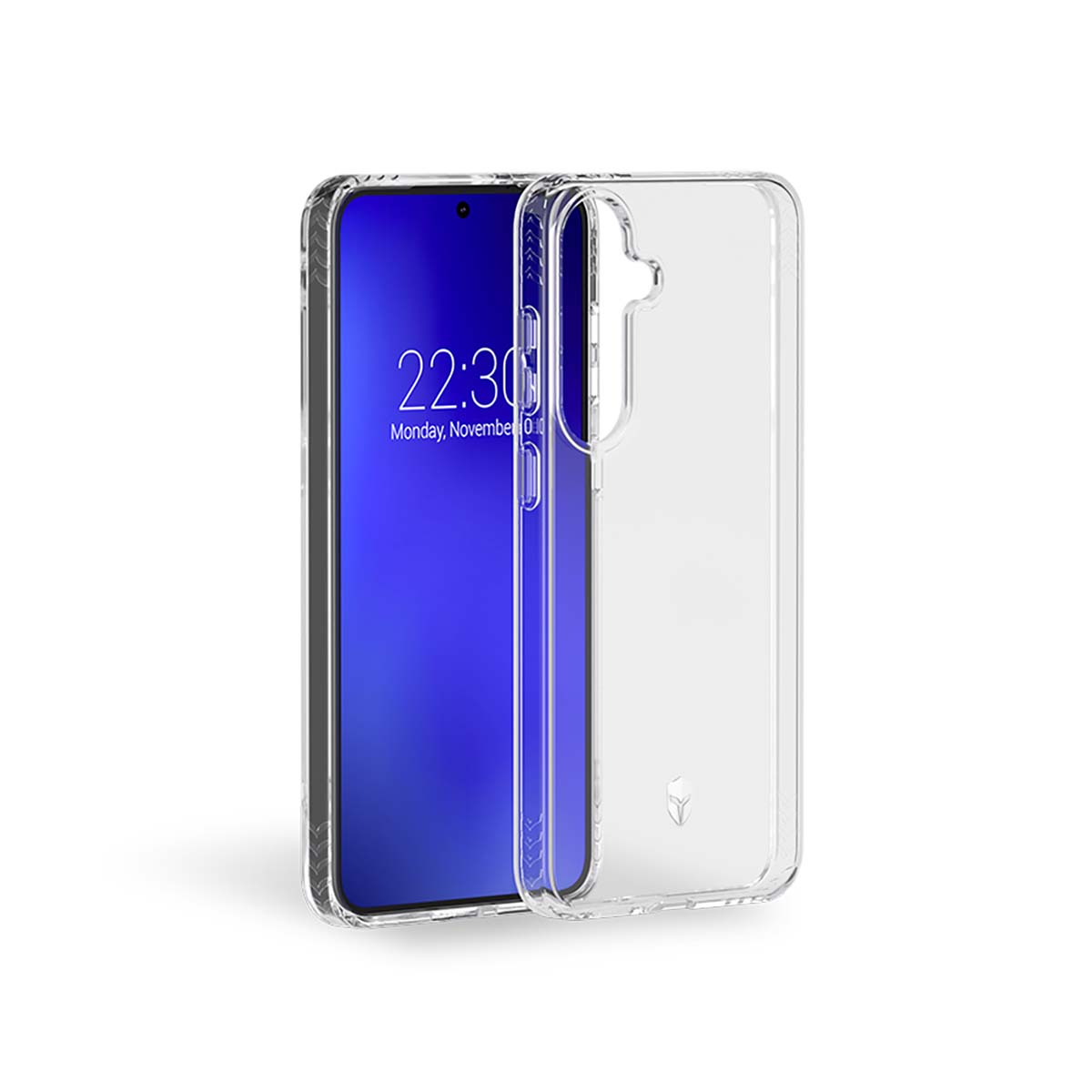 Telefono con ora sullo schermo e custodia trasparente, sfondo bianco.