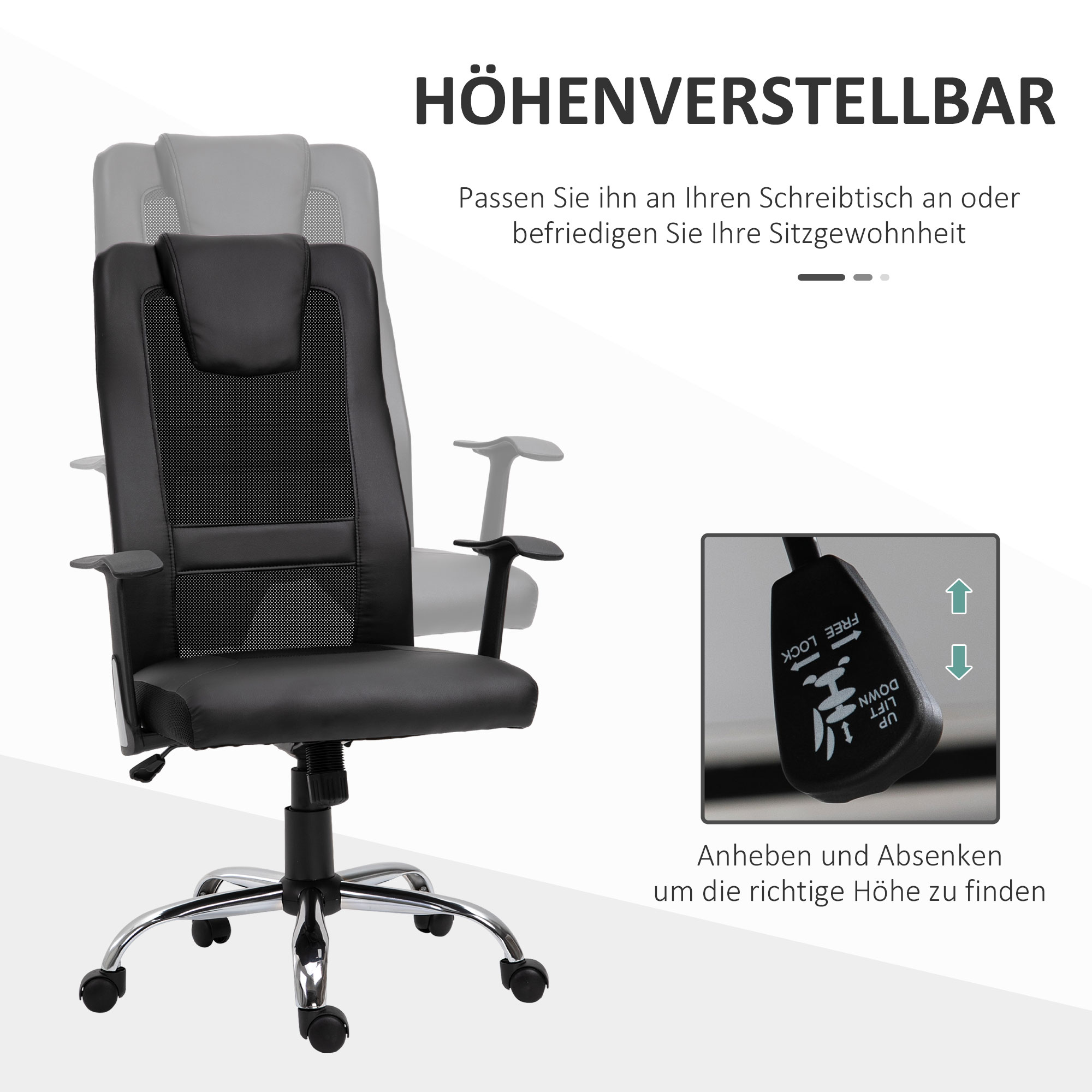 Schwarzer Bürostuhl mit verstellbarer Höhe. Details zeigen den Verstellhebel.