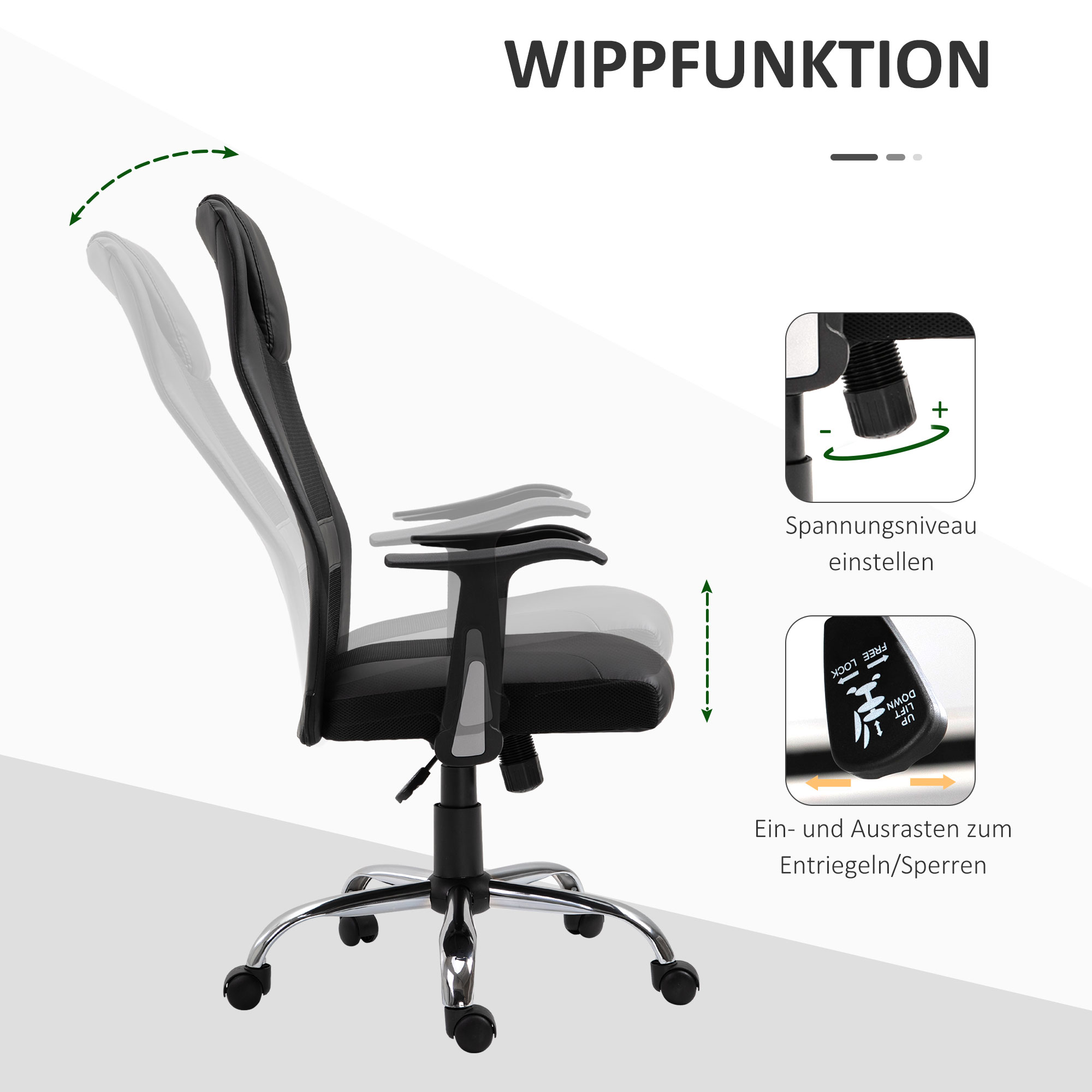 Bürostuhl mit verstellbaren Funktionen wie Spannung und Höhe, vor weißem Hintergrund gezeigt.