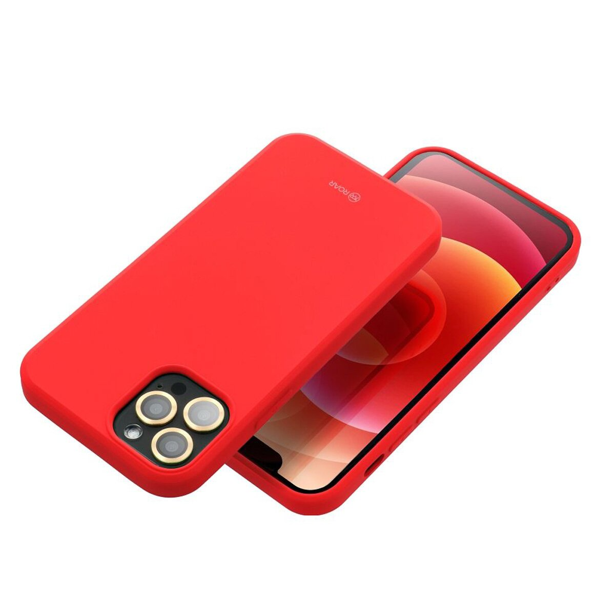 Rote Handyhülle auf einem Telefon mit drei Kameralinsen.