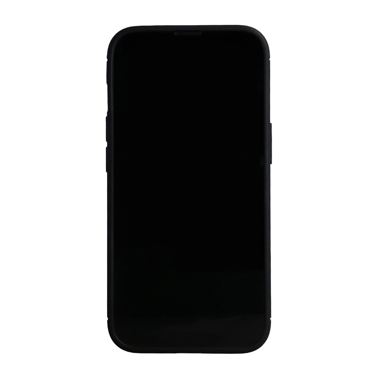 Schwarzes Telefon mit schwarzer Hülle. Das Telefon hat einen großen schwarzen Bildschirm.