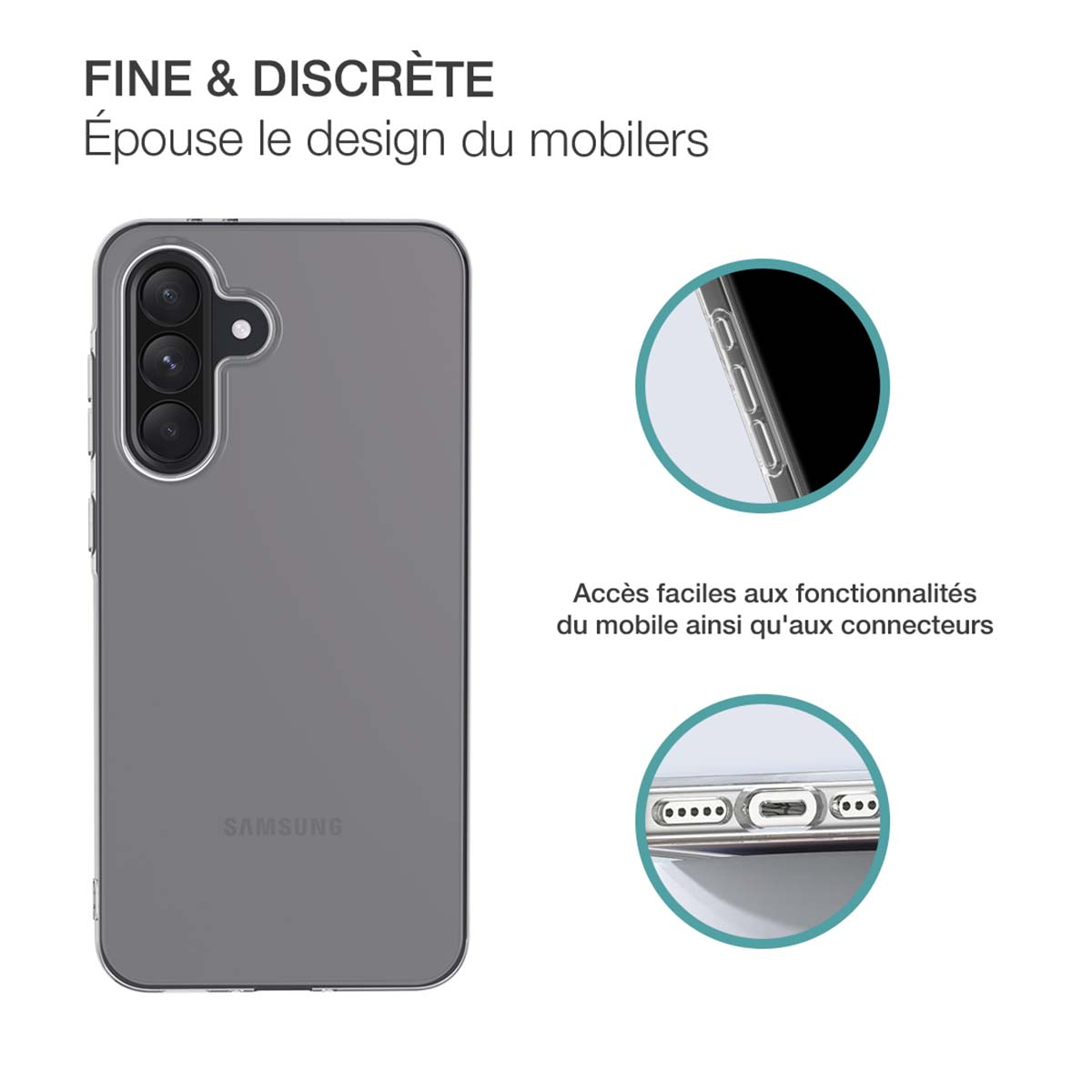 Custodia grigia per telefono con telefono e primi piani che mostrano le caratteristiche, su sfondo bianco.