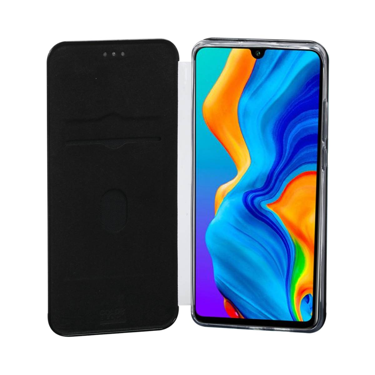 Una custodia nera per telefono aperta, che mostra uno smartphone con un design di sfondo astratto.