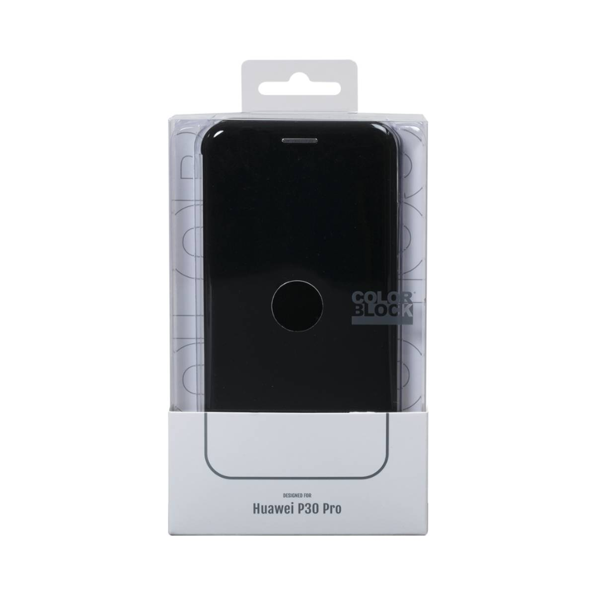 Una custodia per telefono nera in una confezione di plastica trasparente con testo: 'COLOR BLOCK' e 'Huawei P30 Pro'.