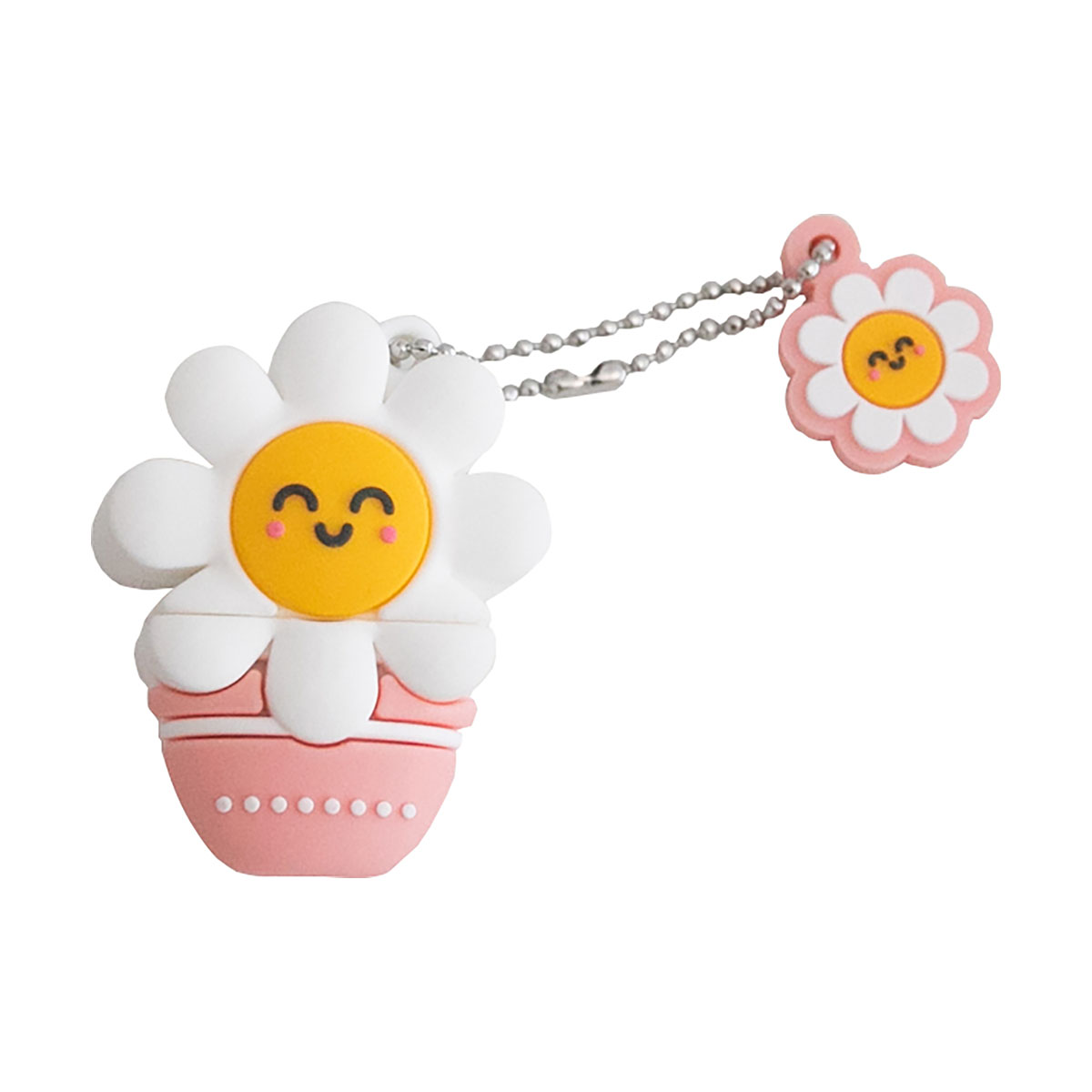 Chiavetta USB a forma di margherita sorridente, con una margherita portachiavi. Vaso rosa, petali bianchi, centro giallo.