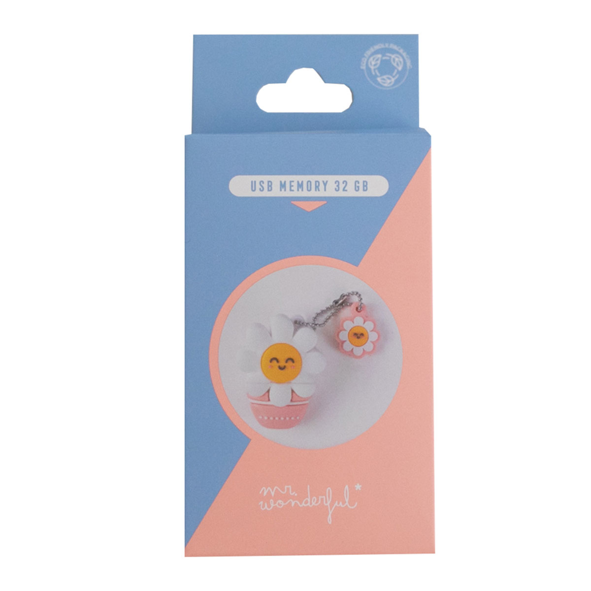 Chiavetta USB in una scatola con un ciondolo a forma di margherita e una margherita sulla chiavetta.