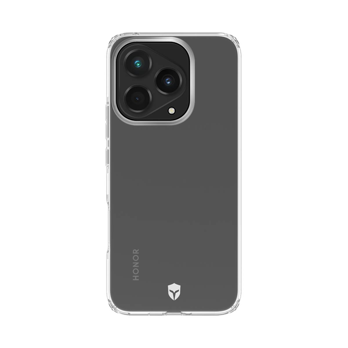 Custodia trasparente per telefono con un telefono all'interno, che mostra il logo HONOR in basso.