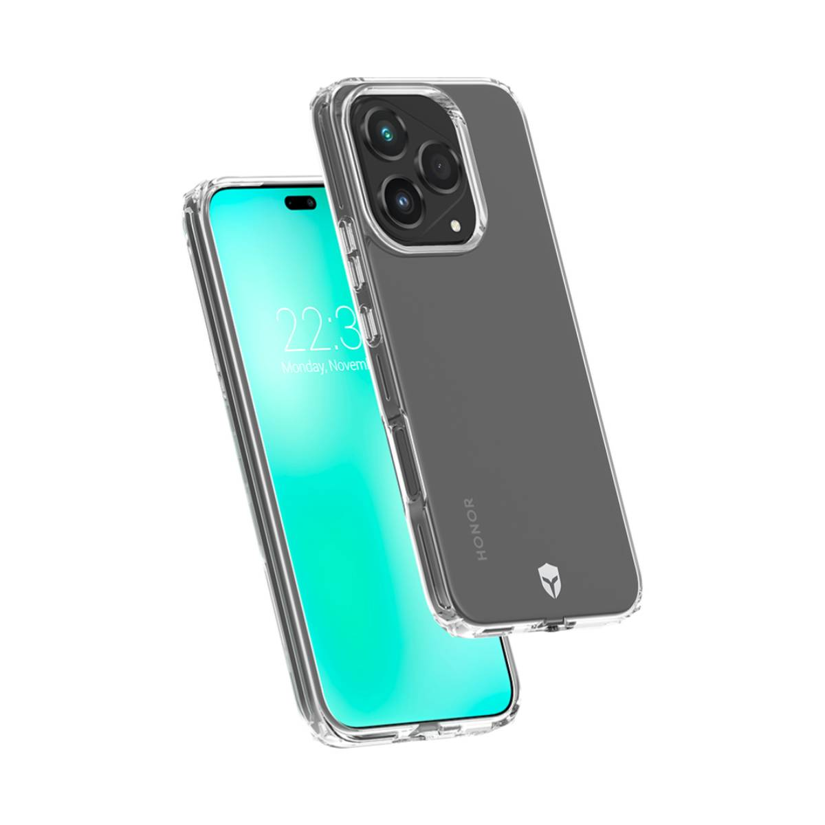 Custodia trasparente con telefono dentro. Sono visibili tre obiettivi della fotocamera.