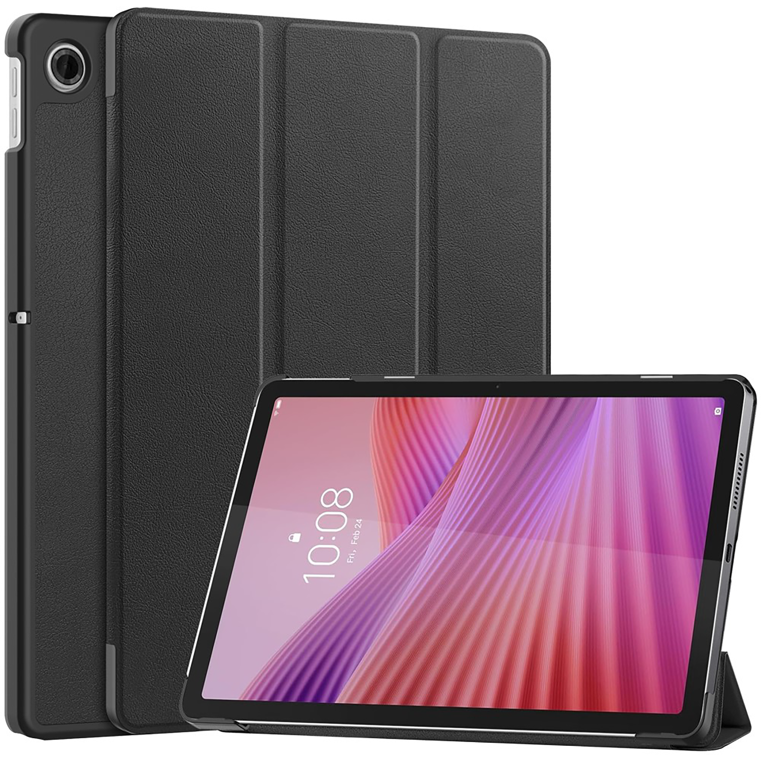 Schwarzes Tablet mit Hülle. Tablet unten mit rosa und lila Bildschirm.