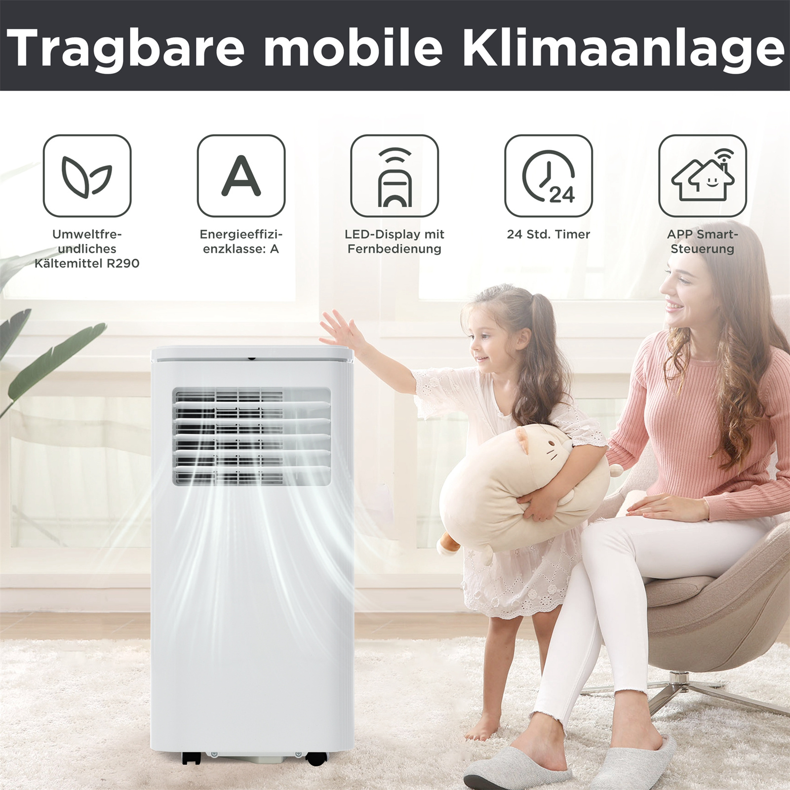 Weißer tragbarer Klimaanlage mit Symbolen und einer Mutter und einem Kind, das im Hintergrund lächelt.