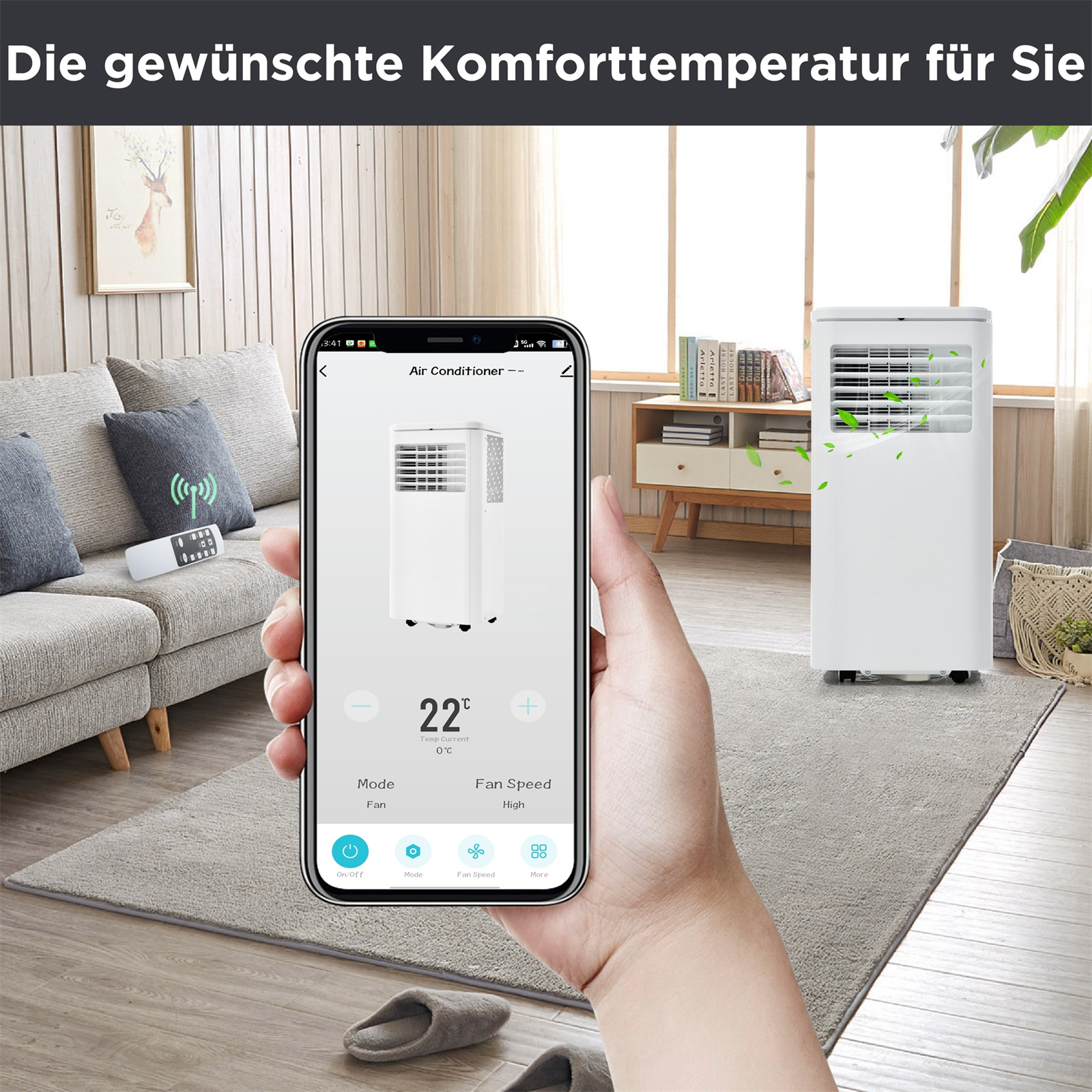 Eine Hand, die ein Telefon mit AC-Oberfläche hält. AC-Gerät im Hintergrund.