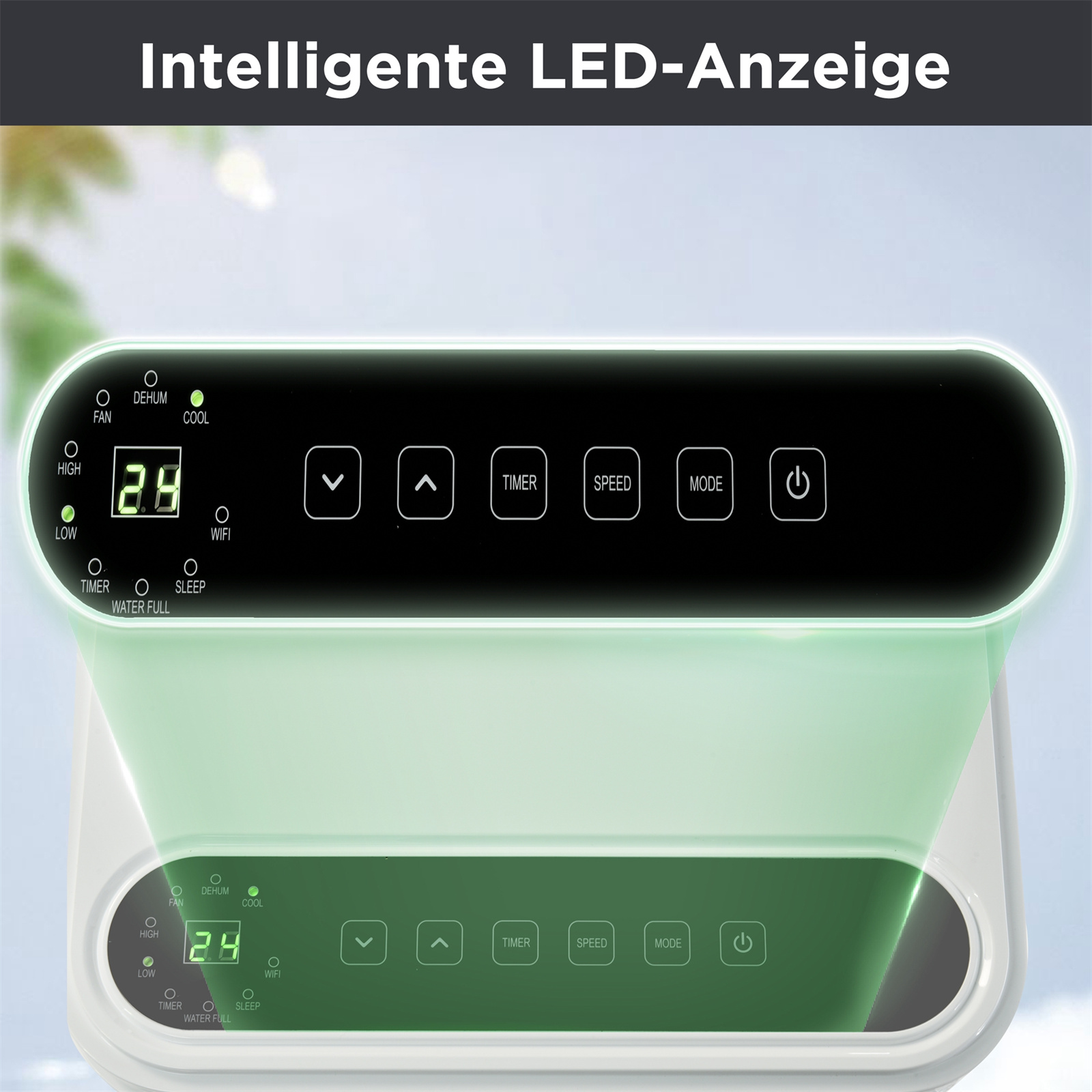 Weißer und silberner Ventilator mit Digitalanzeige, die Temperatur und Einstellungen anzeigt. Text auf Deutsch.