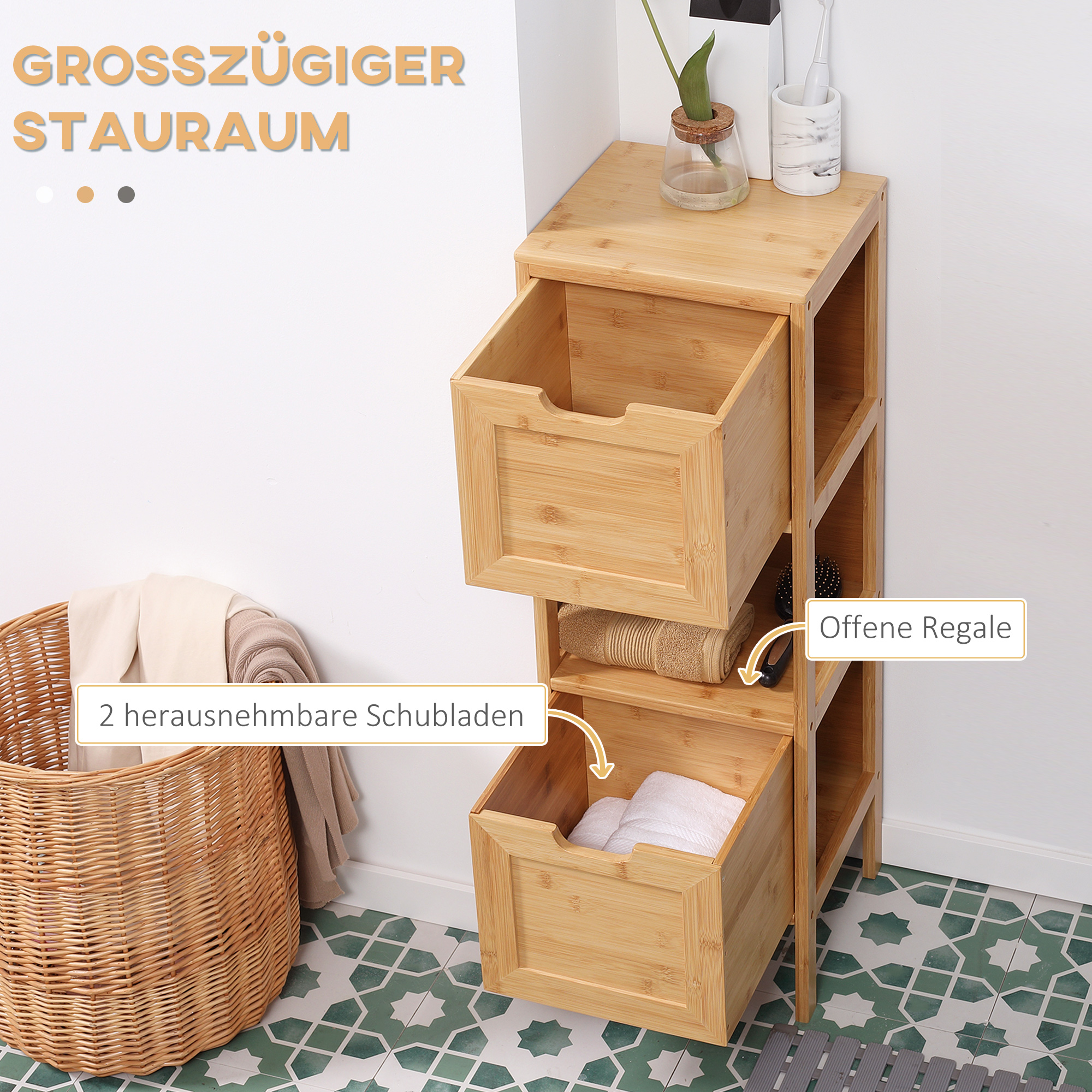 Badezimmerschrank aus Holz mit Schubladen, Körben. Enthält Handtücher und Badzubehör. Der Boden hat ein Fliesenmuster.