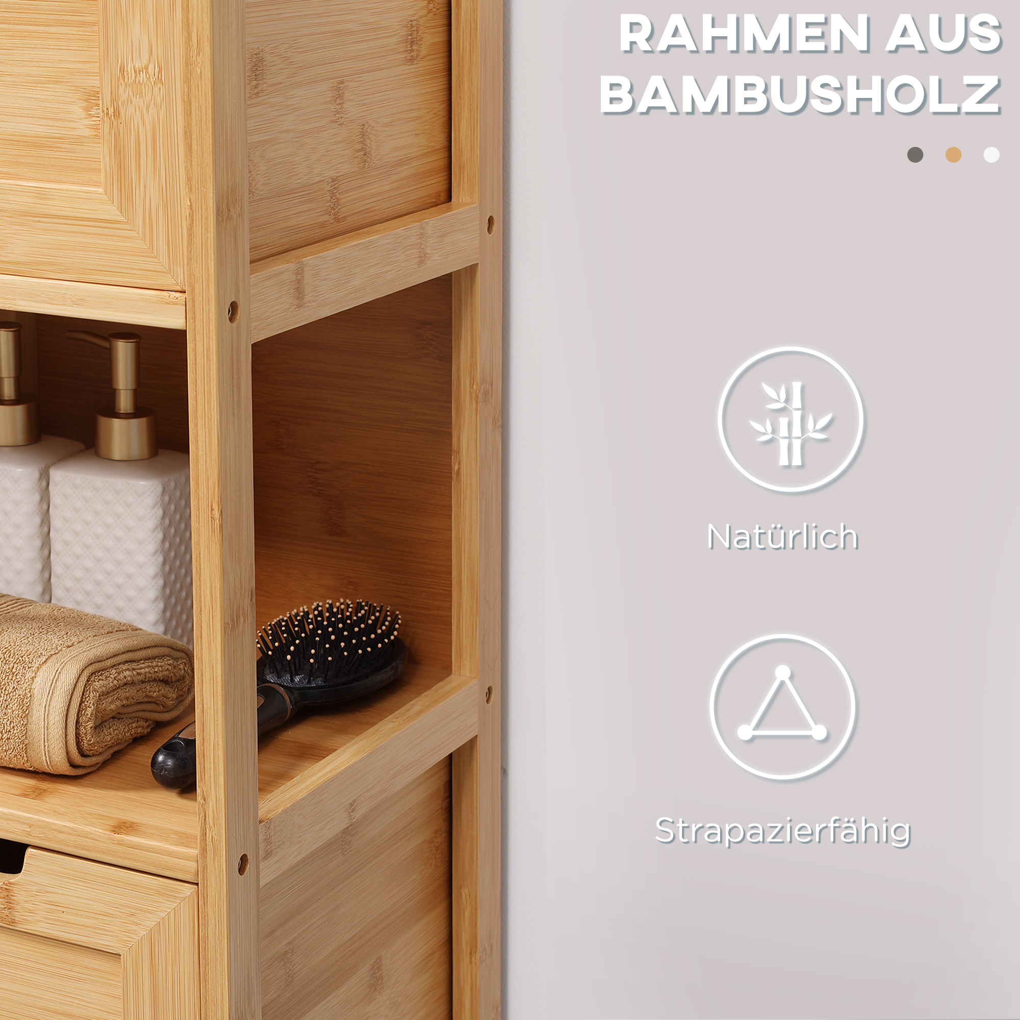 Ein Holzregal mit Schubladen und Fächern. Weiße Flaschen und ein Handtuch sind darin sichtbar.