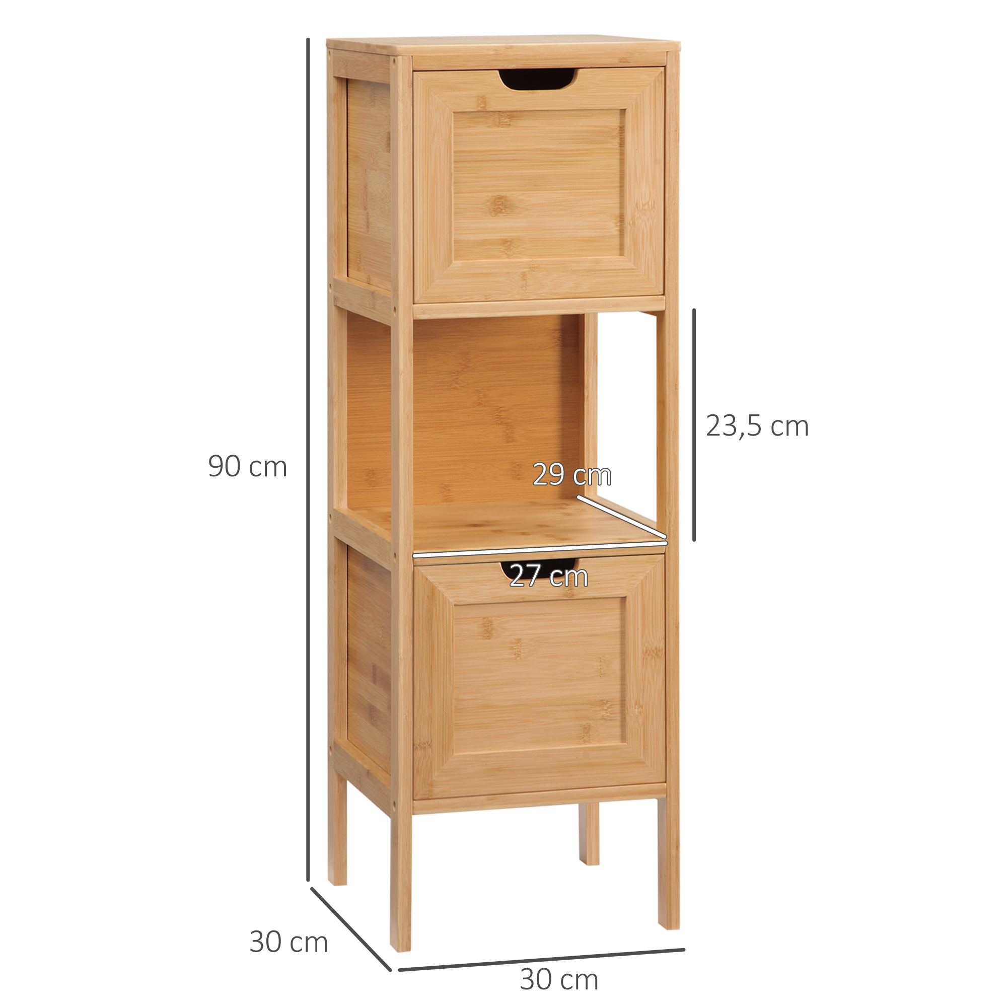 Hoher Holzschrank mit zwei Schubladen und einem offenen Regal. Abmessungen sind beschriftet.