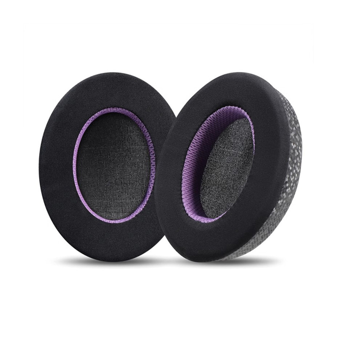 Due cuscinetti auricolari neri con un cerchio interno viola.