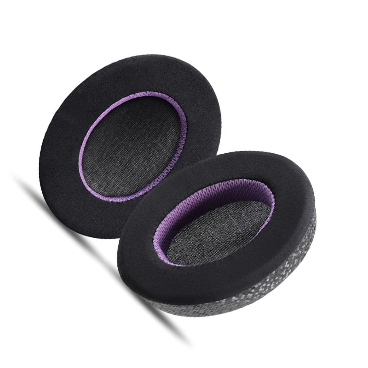 Due cuscinetti auricolari neri con accenti viola.
