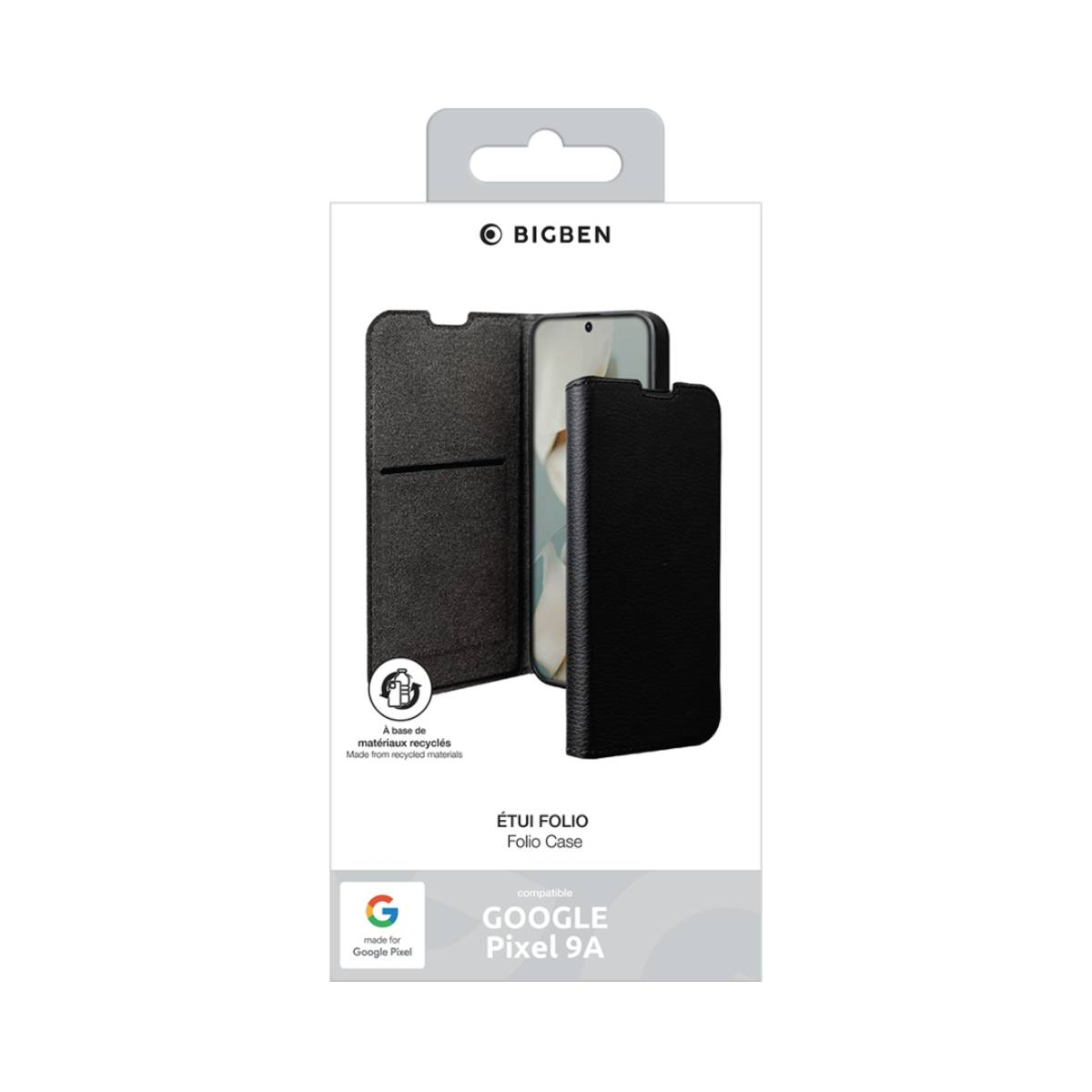 Scatola per custodia del telefono. Custodia a libro nera per un telefono Google Pixel, con un simbolo di materiali riciclati.